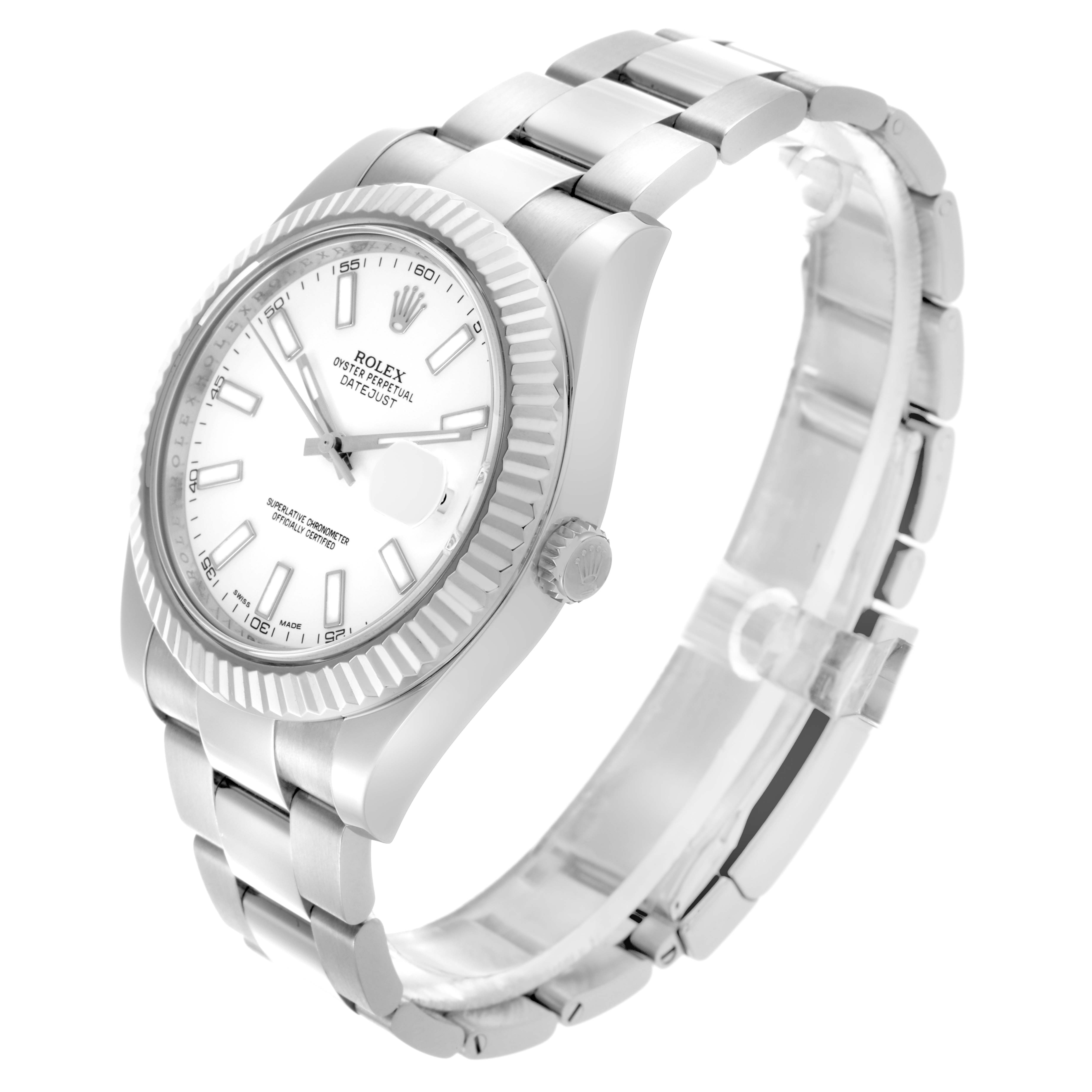 The Rolex Datejust 41 116334 Men's Stainless Steel White Dial 116334 Men's Stainless Steel White Dial is shown at a three-quarter angle displaying the dial, fluted bezel, crown, and bracelet.