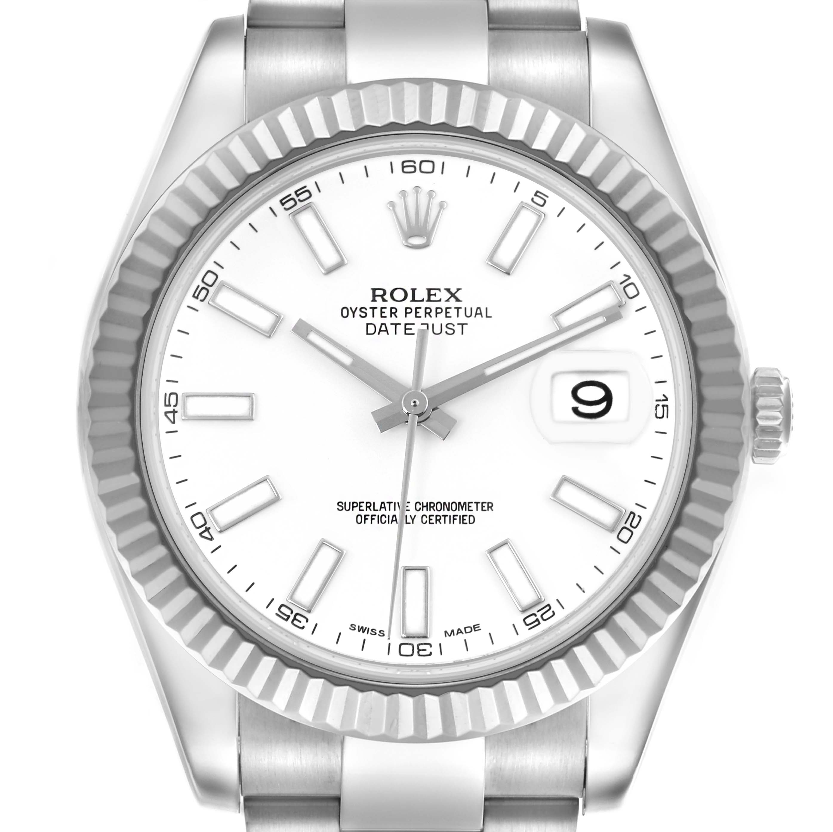 The image shows a Rolex Datejust 41 116334 Men's Stainless Steel White Dial 116334 Men's Stainless Steel White Dial from a top-down angle, highlighting the face, bezel, and part of the bracelet.