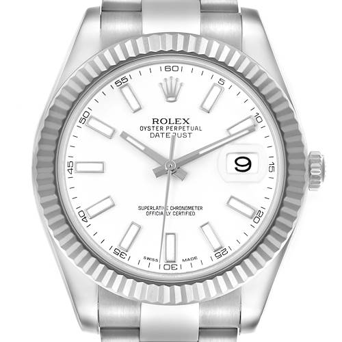 The Rolex Datejust 41 watch is shown from a front angle, displaying the dial, crown, and fluted bezel.