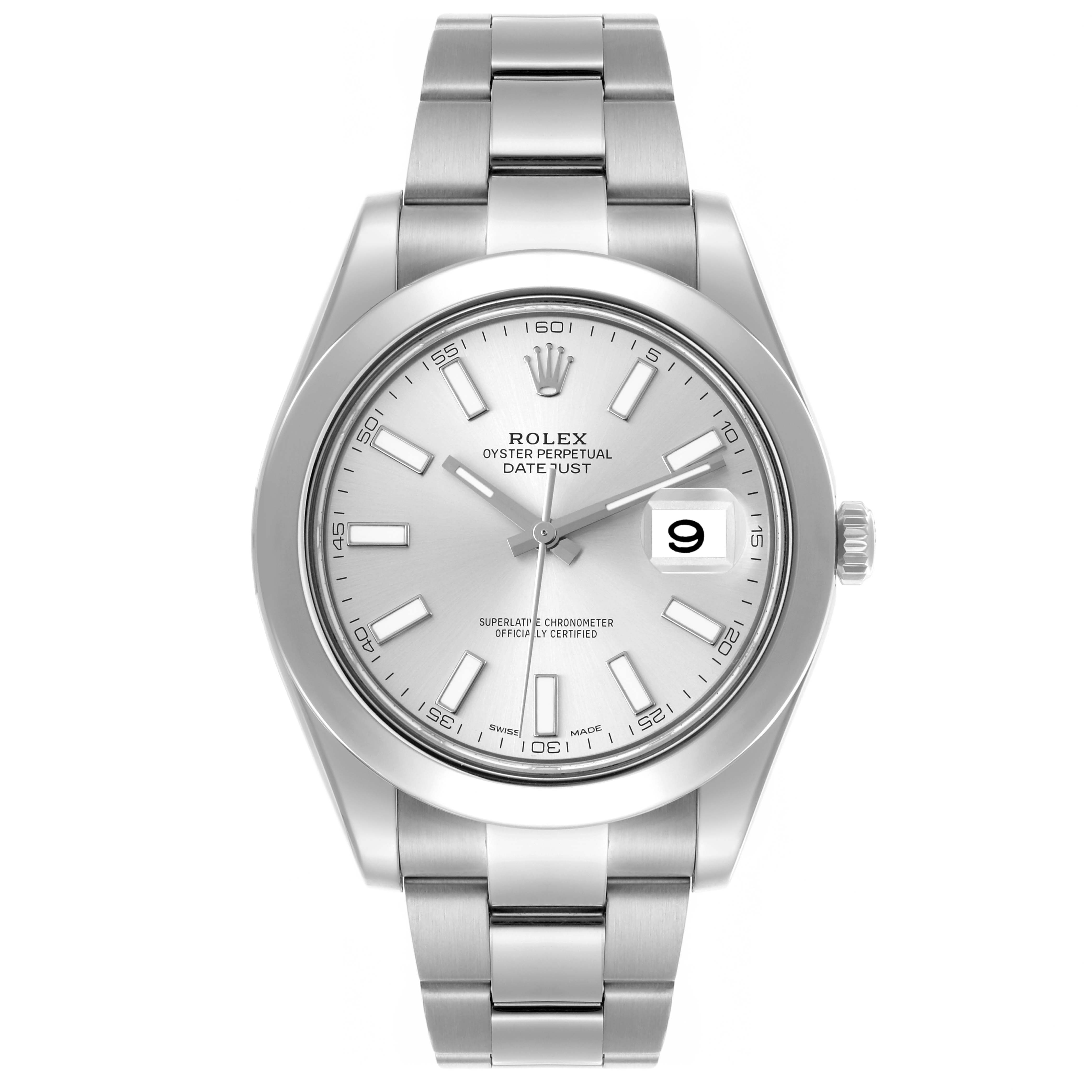 The Rolex Datejust 41 116300 Men
s Stainless Steel Silver Dial 116300 Men
s Stainless Steel Silver Dial is shown from a front angle, displaying its dial, bracelet, bezel, and crown.