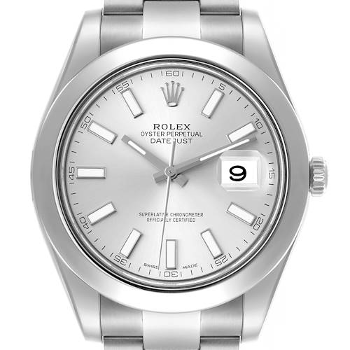 The Rolex Datejust 41 watch is shown from a front angle, highlighting its dial, bezel, and bracelet.