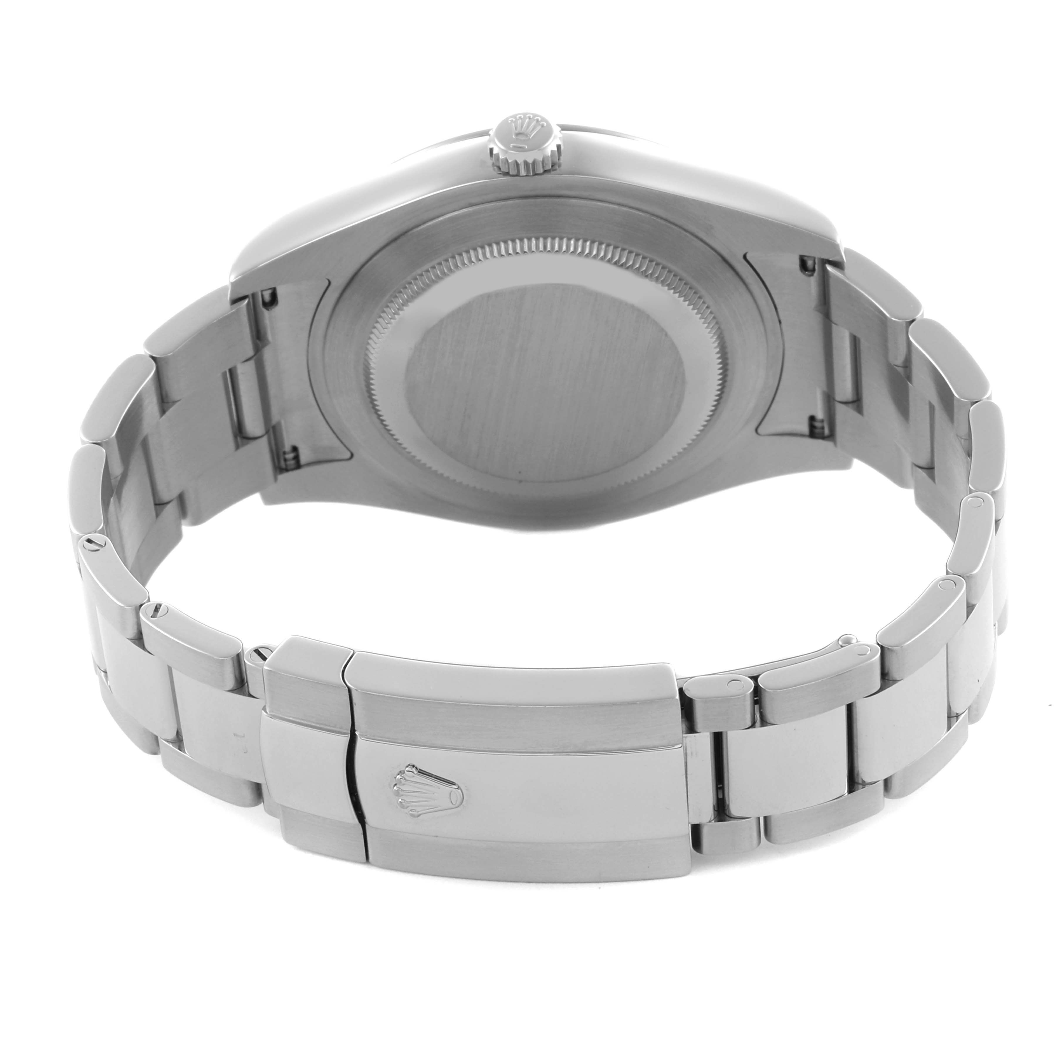 The image shows the Rolex Datejust 41 116300 Men
s Stainless Steel Silver Dial 116300 Men
s Stainless Steel Silver Dial from the back, displaying the case, bracelet, and clasp.