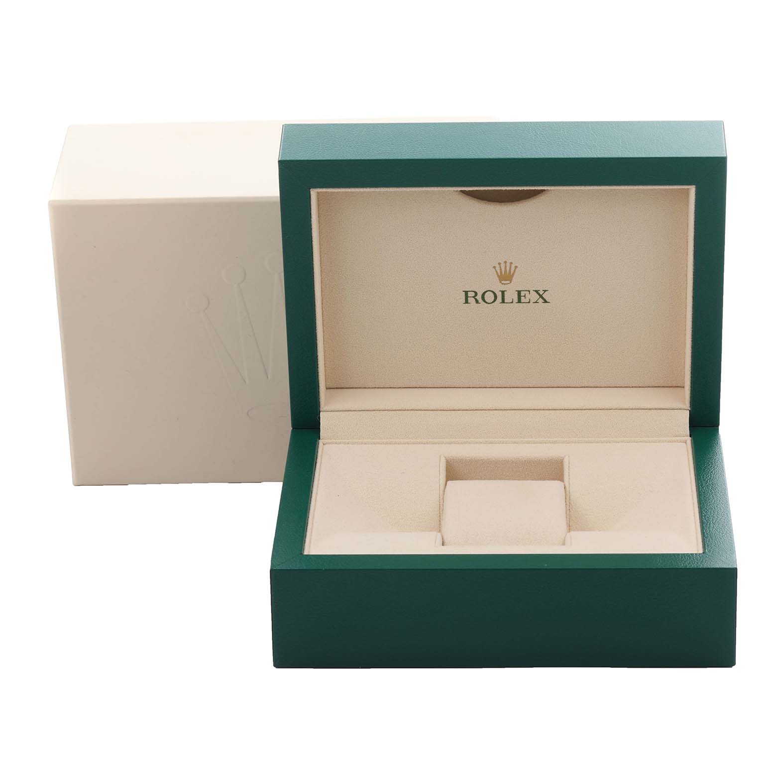 The image shows the open box of a Rolex Datejust 41 116300 Men
s Stainless Steel Silver Dial 116300 Men
s Stainless Steel Silver Dial, featuring a green exterior and beige interior with the Rolex logo.