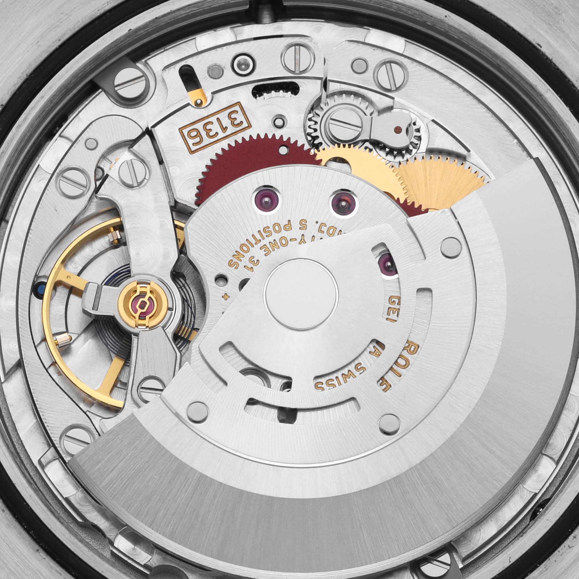 The image shows a close-up of the movement mechanism in the Rolex Datejust 41 116300 Men
s Stainless Steel Silver Dial 116300 Men
s Stainless Steel Silver Dial watch.