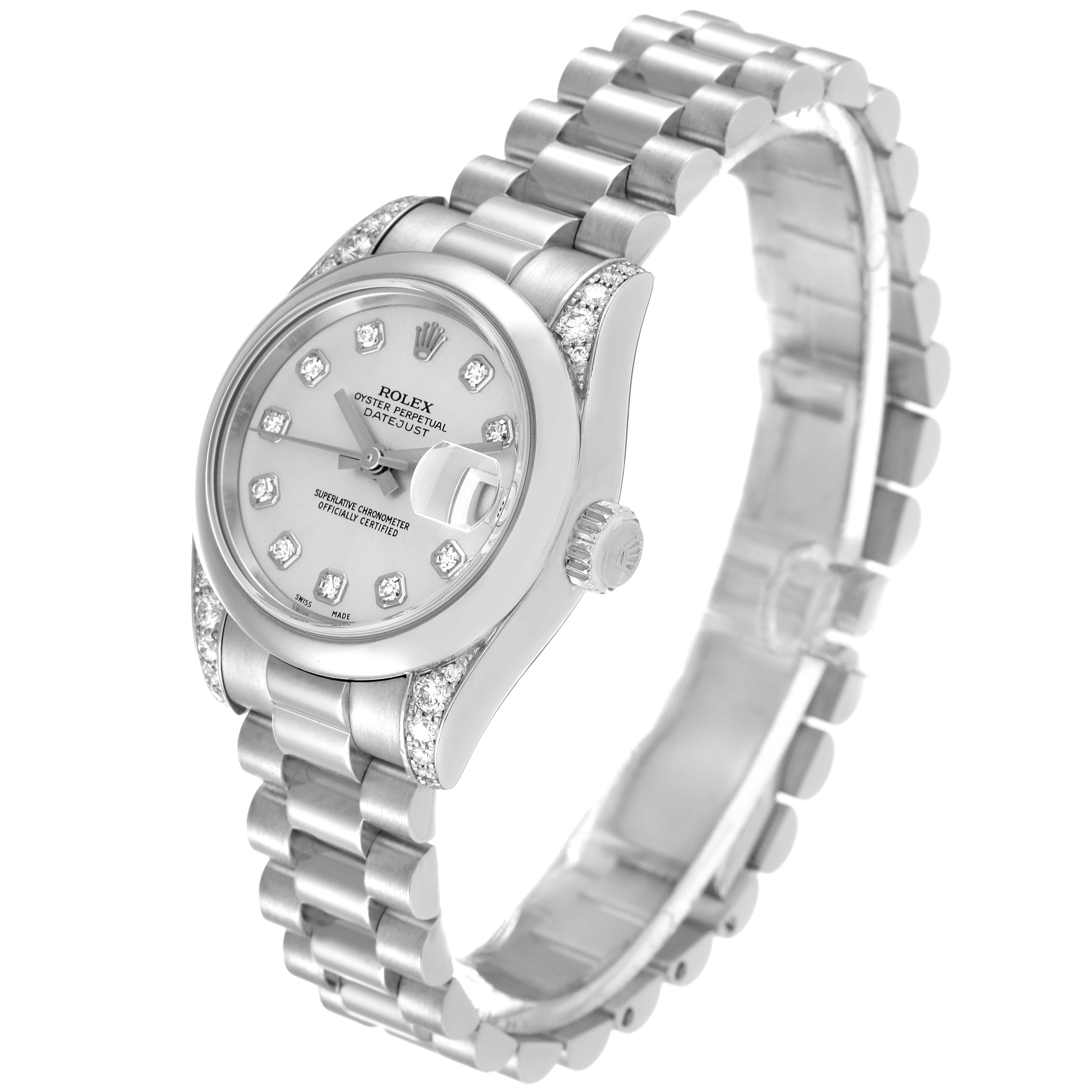 The Rolex President 179296 Women's Platinum Silver Dial 179296 Women's Platinum Silver Dial model watch is shown at a slight angle, highlighting the face, crown, bezel, and bracelet.