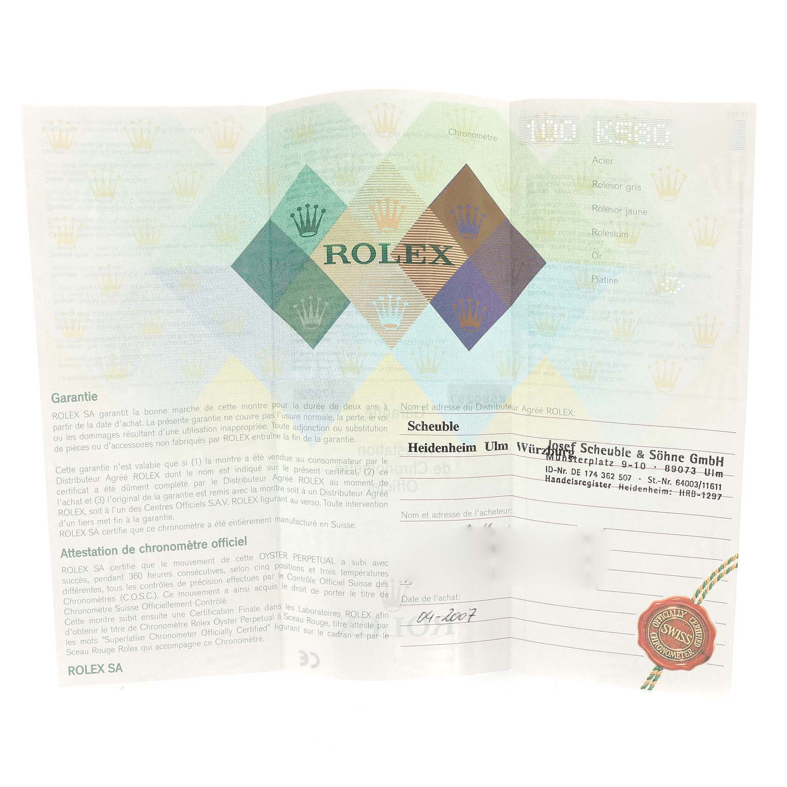 This is a certificate and warranty card for a Rolex President 179296 Women's Platinum Silver Dial 179296 Women's Platinum Silver Dial model watch, displaying text and official seals.