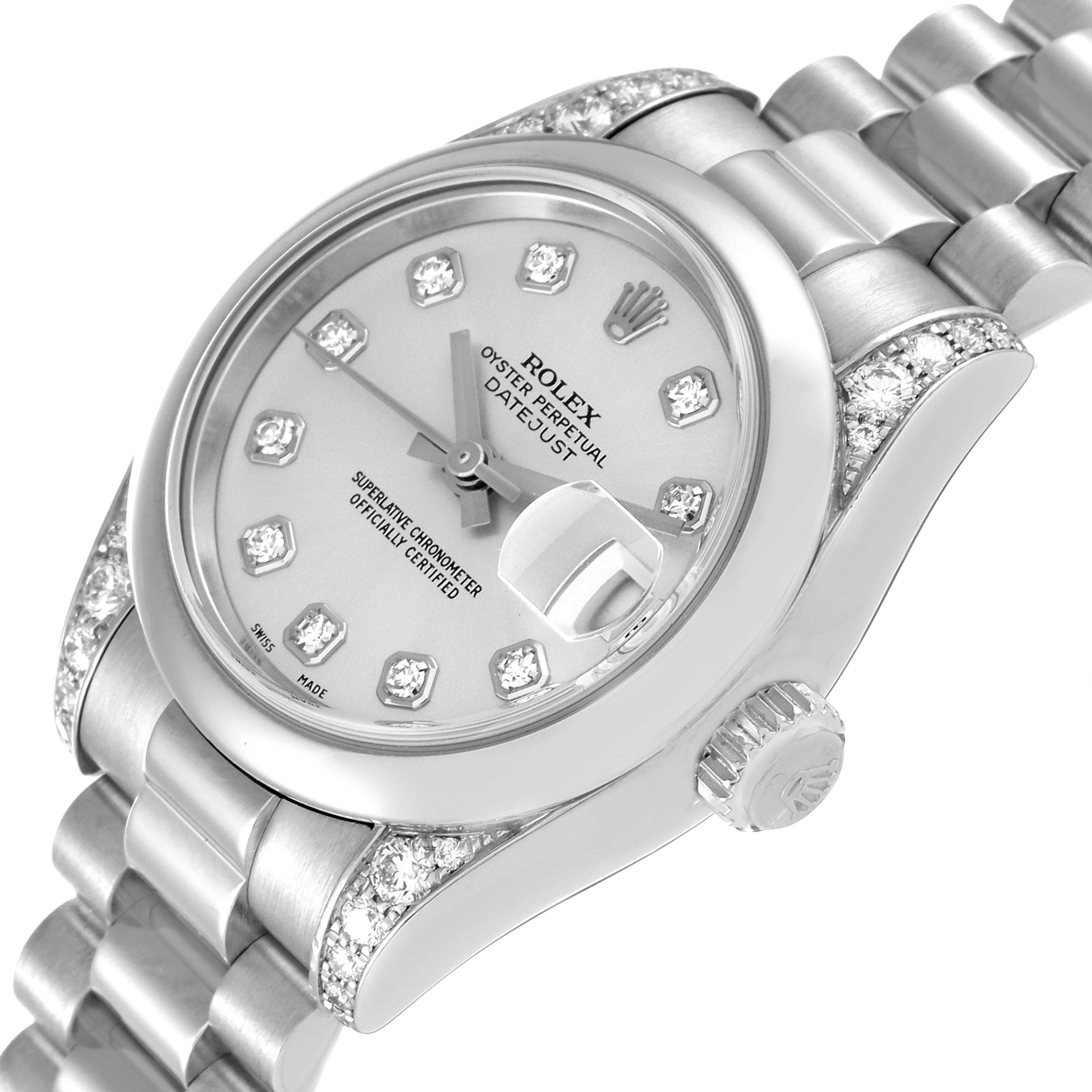 The image shows a close-up angle of a Rolex President 179296 Women's Platinum Silver Dial 179296 Women's Platinum Silver Dial model watch, displaying the face, crown, bezel, and part of the bracelet.