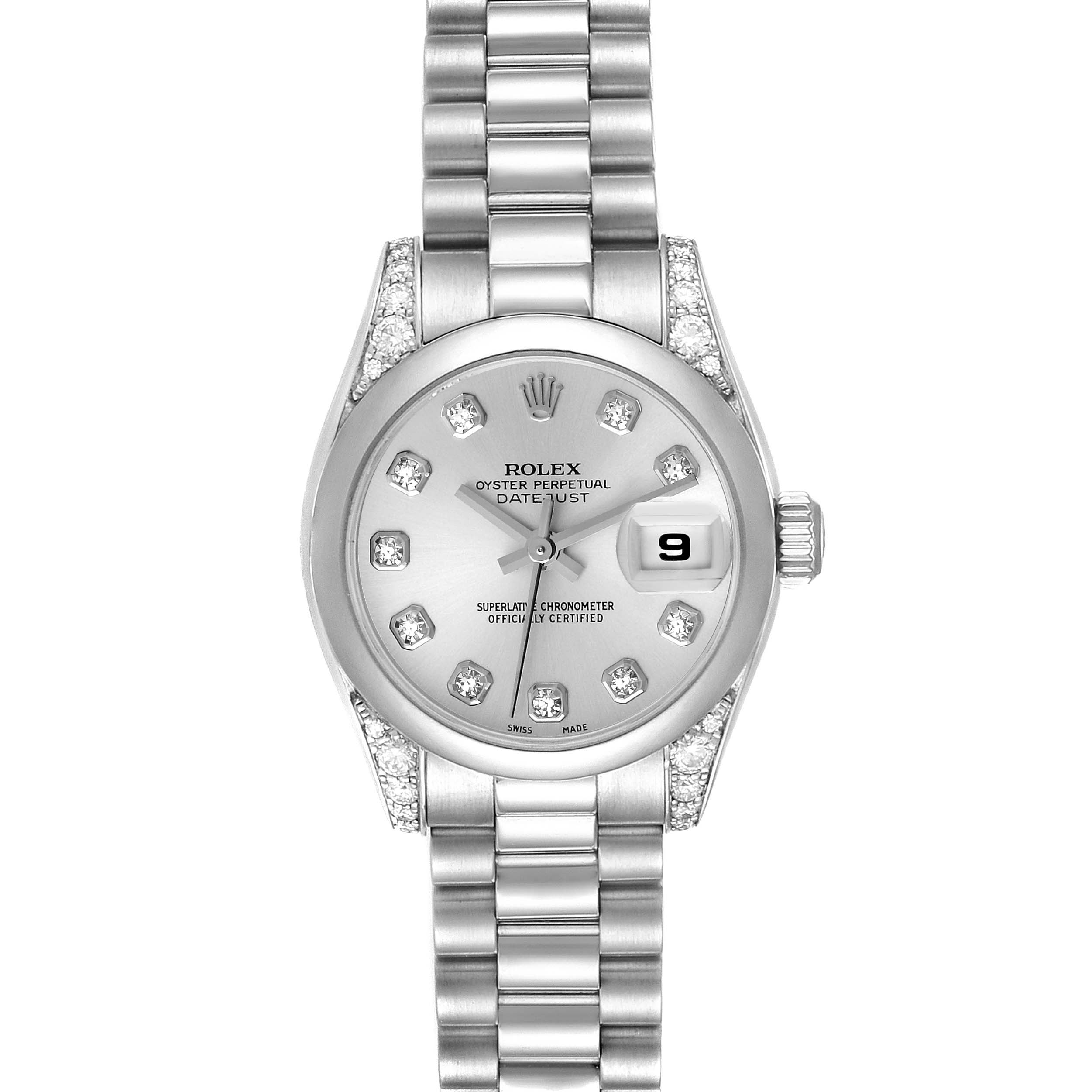 The image displays a frontal view of a Rolex President 179296 Women's Platinum Silver Dial 179296 Women's Platinum Silver Dial model watch, highlighting its dial, bracelet, and date window.
