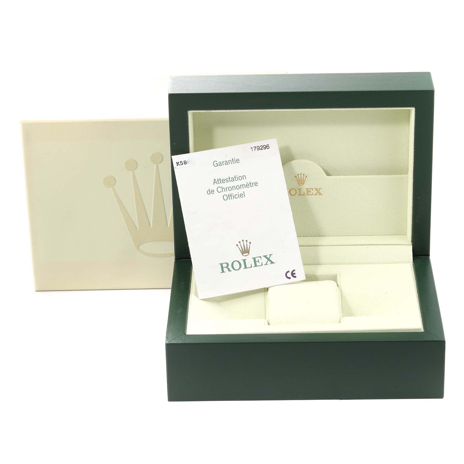The image shows an open green and beige Rolex box with certificates for the Rolex President 179296 Women's Platinum Silver Dial 179296 Women's Platinum Silver Dial model watch.
