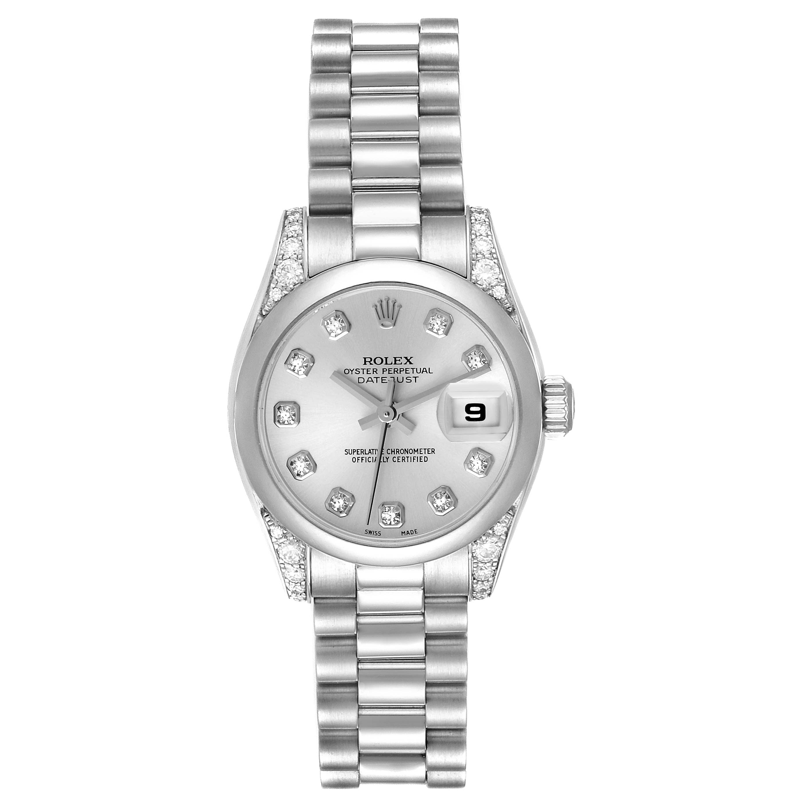 This image shows a front view of the Rolex President 179296 Women's Platinum Silver Dial 179296 Women's Platinum Silver Dial model watch, displaying the face, bracelet, and crown.
