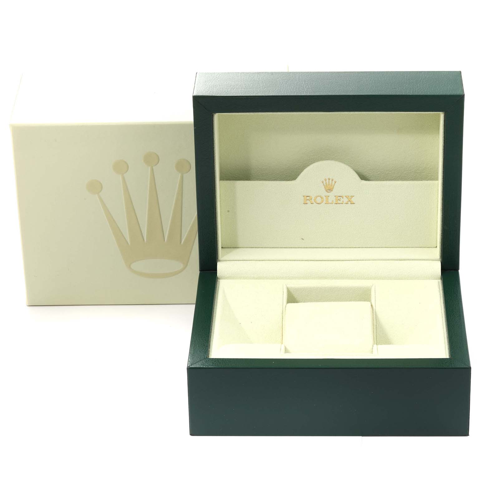 The image shows a Rolex President 179138 Women
s Yellow Gold Champagne Dial 179138 Women
s Yellow Gold Champagne Dial model watch box and its outer box, viewed from the front.
