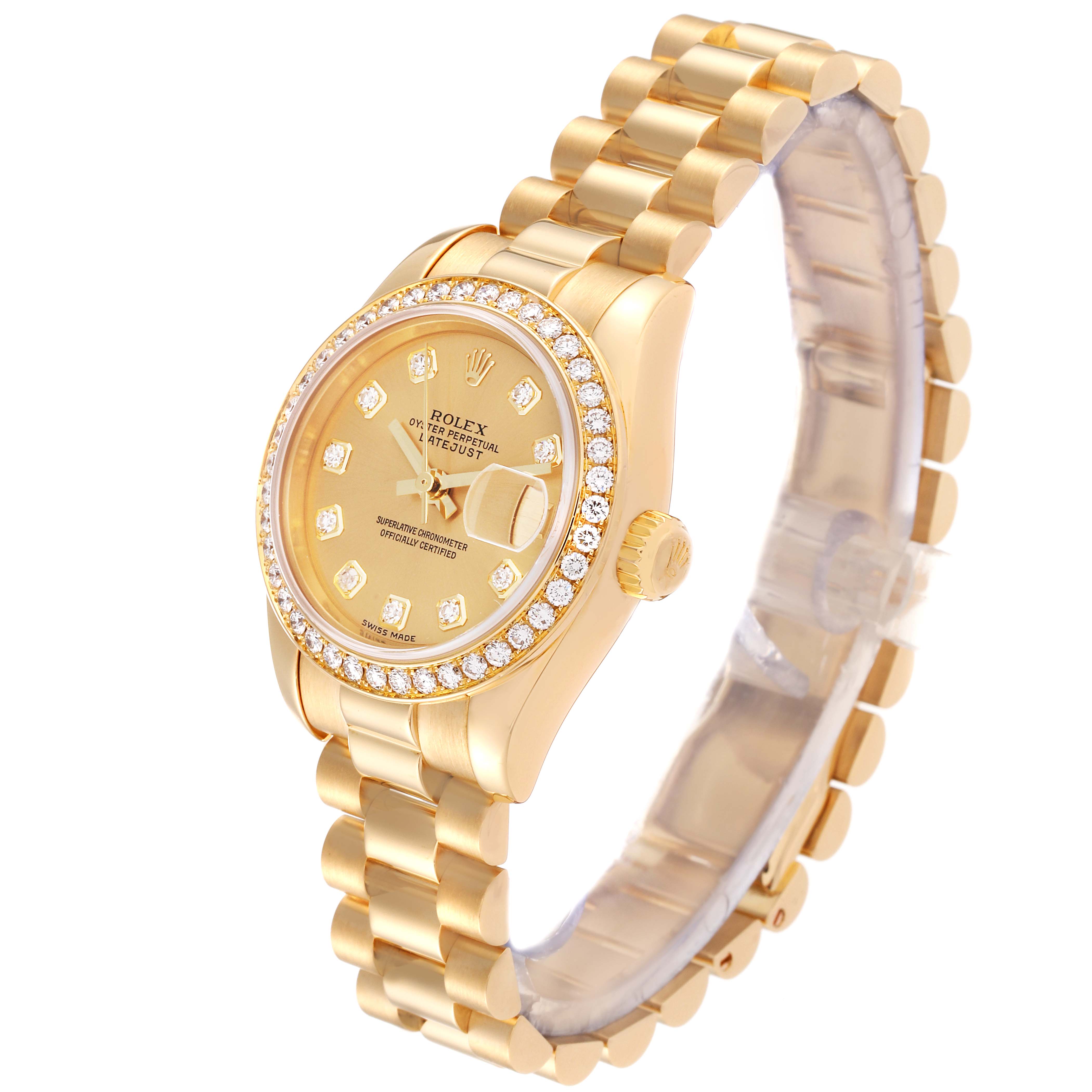The image shows a Rolex President 179138 Women
s Yellow Gold Champagne Dial 179138 Women
s Yellow Gold Champagne Dial model watch, highlighting its gold band, diamond bezel, and face with diamond hour markers, viewed at a slight angle.