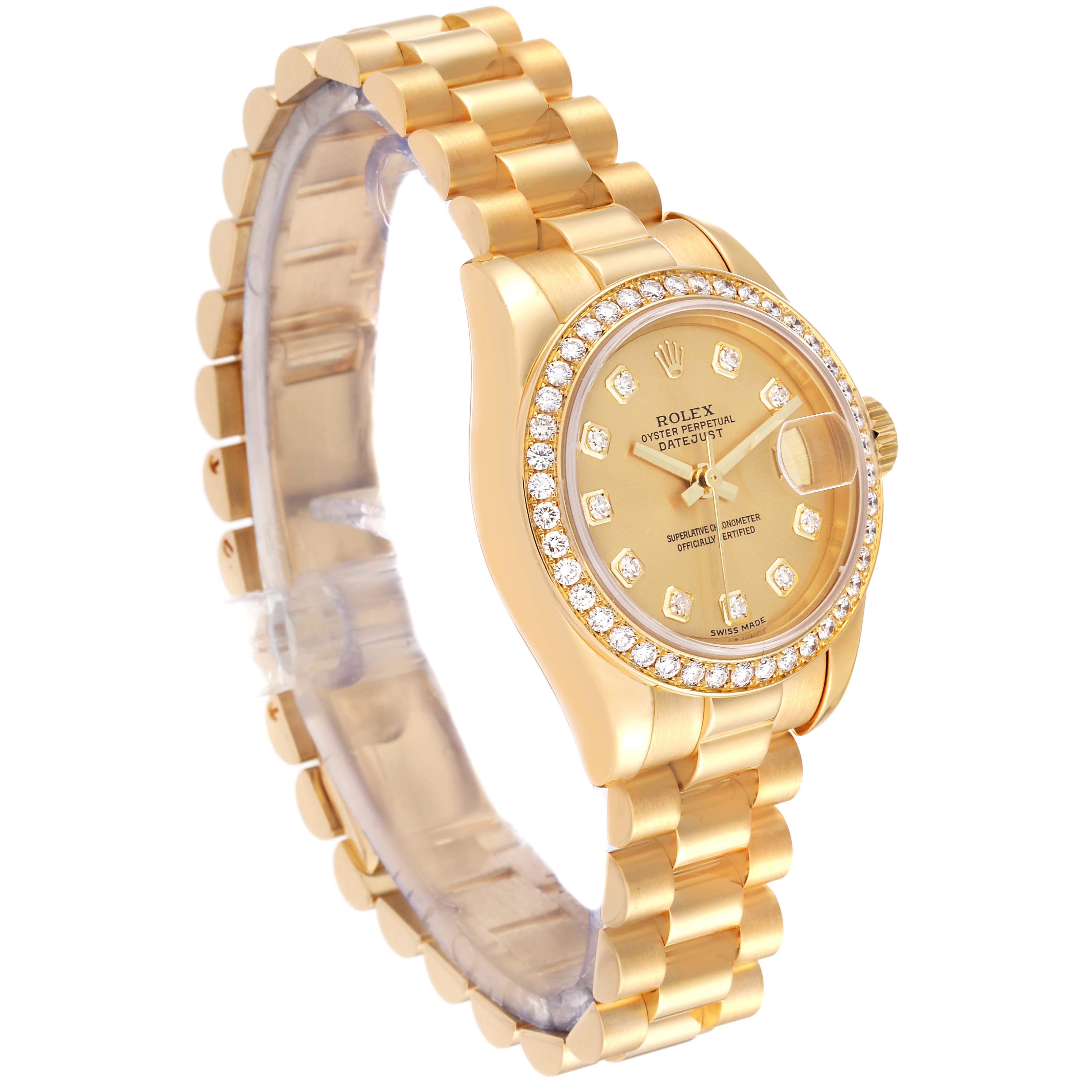 The image shows a Rolex President 179138 Women
s Yellow Gold Champagne Dial 179138 Women
s Yellow Gold Champagne Dial model watch at an angle highlighting the face, bezel, crown, and bracelet.