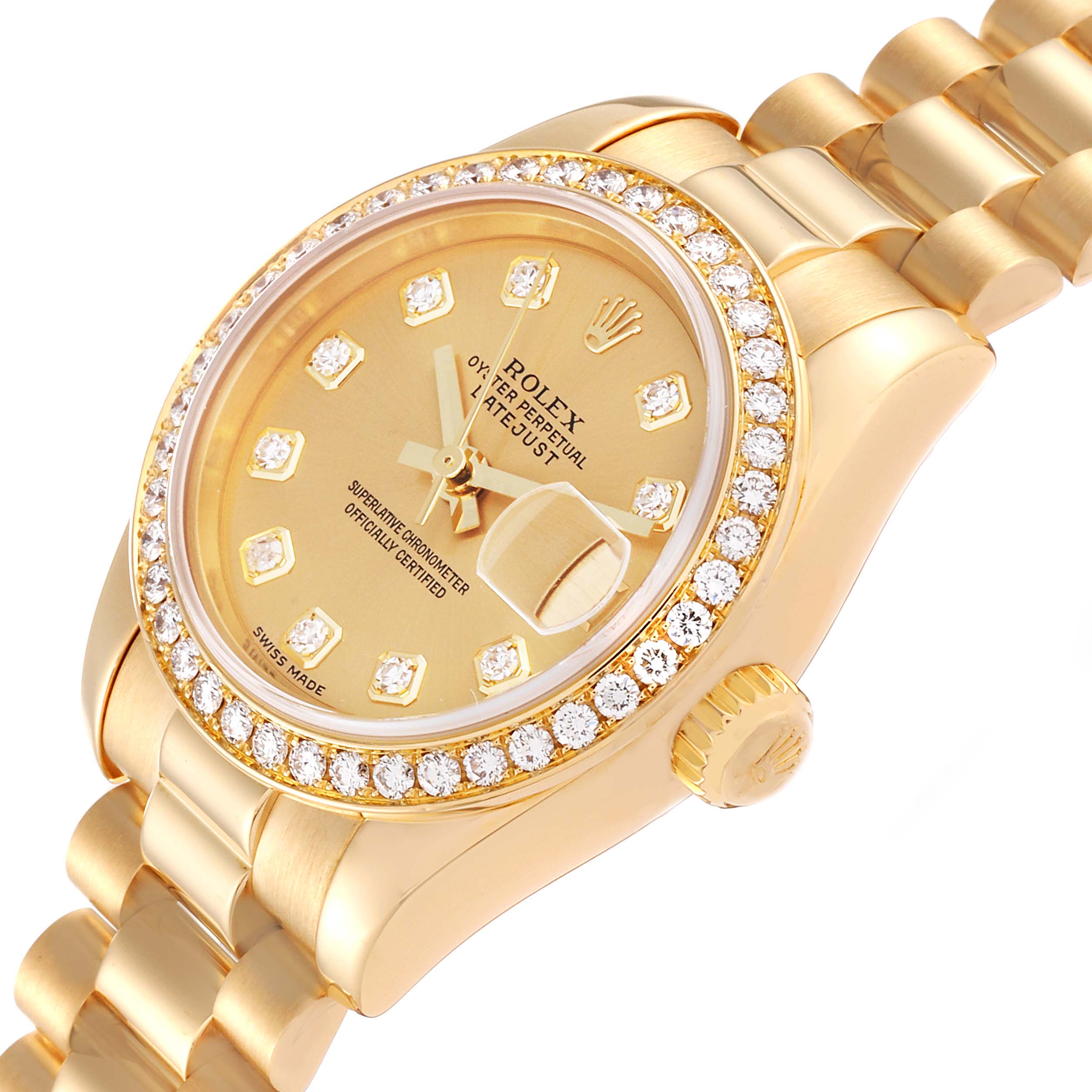 The Rolex President 179138 Women
s Yellow Gold Champagne Dial 179138 Women
s Yellow Gold Champagne Dial model watch is shown at a slight angle, highlighting its dial, bezel, crown, and part of the bracelet.