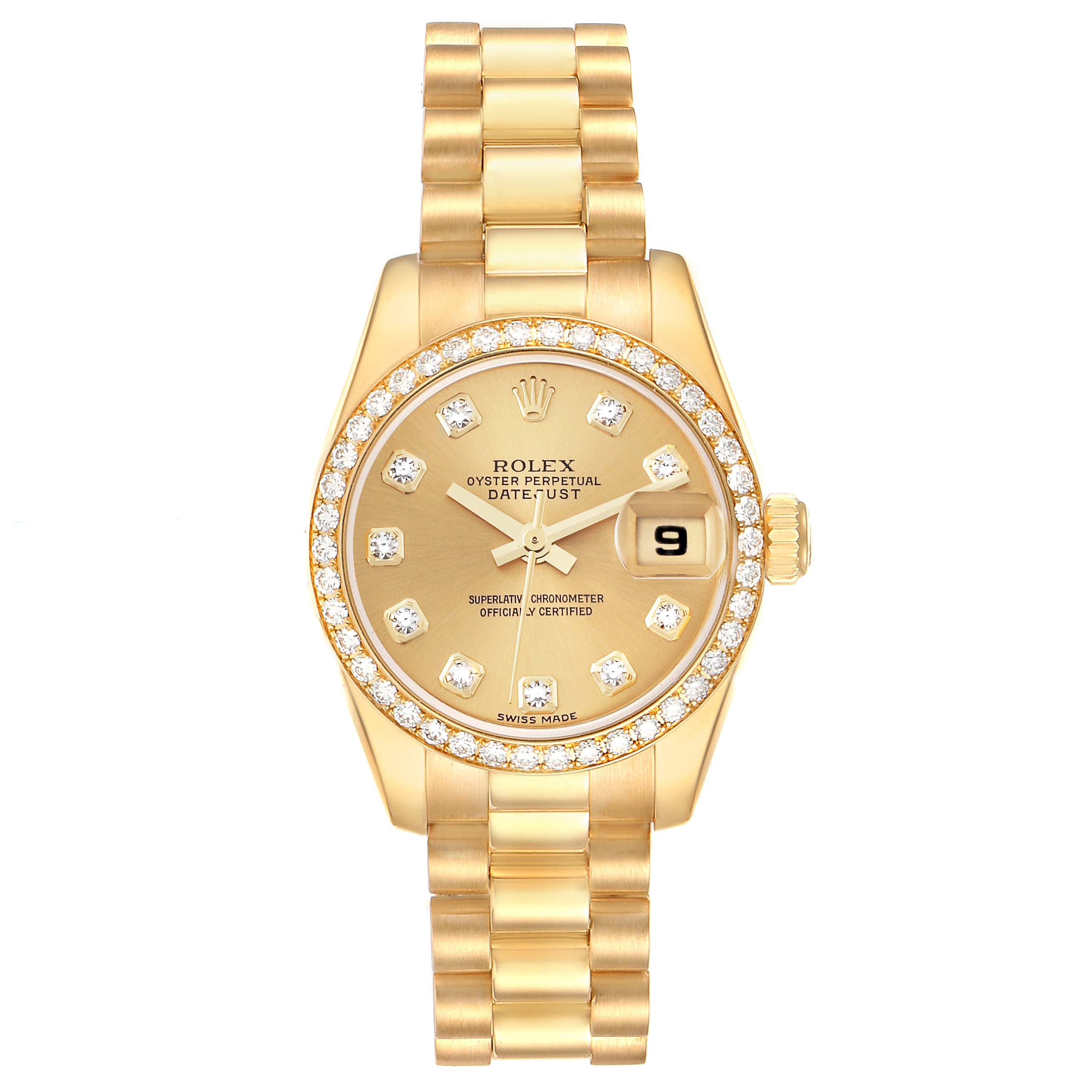 The image shows the front view of a Rolex President 179138 Women
s Yellow Gold Champagne Dial 179138 Women
s Yellow Gold Champagne Dial model watch, displaying the face, bezel, dial, hands, date window, and bracelet.