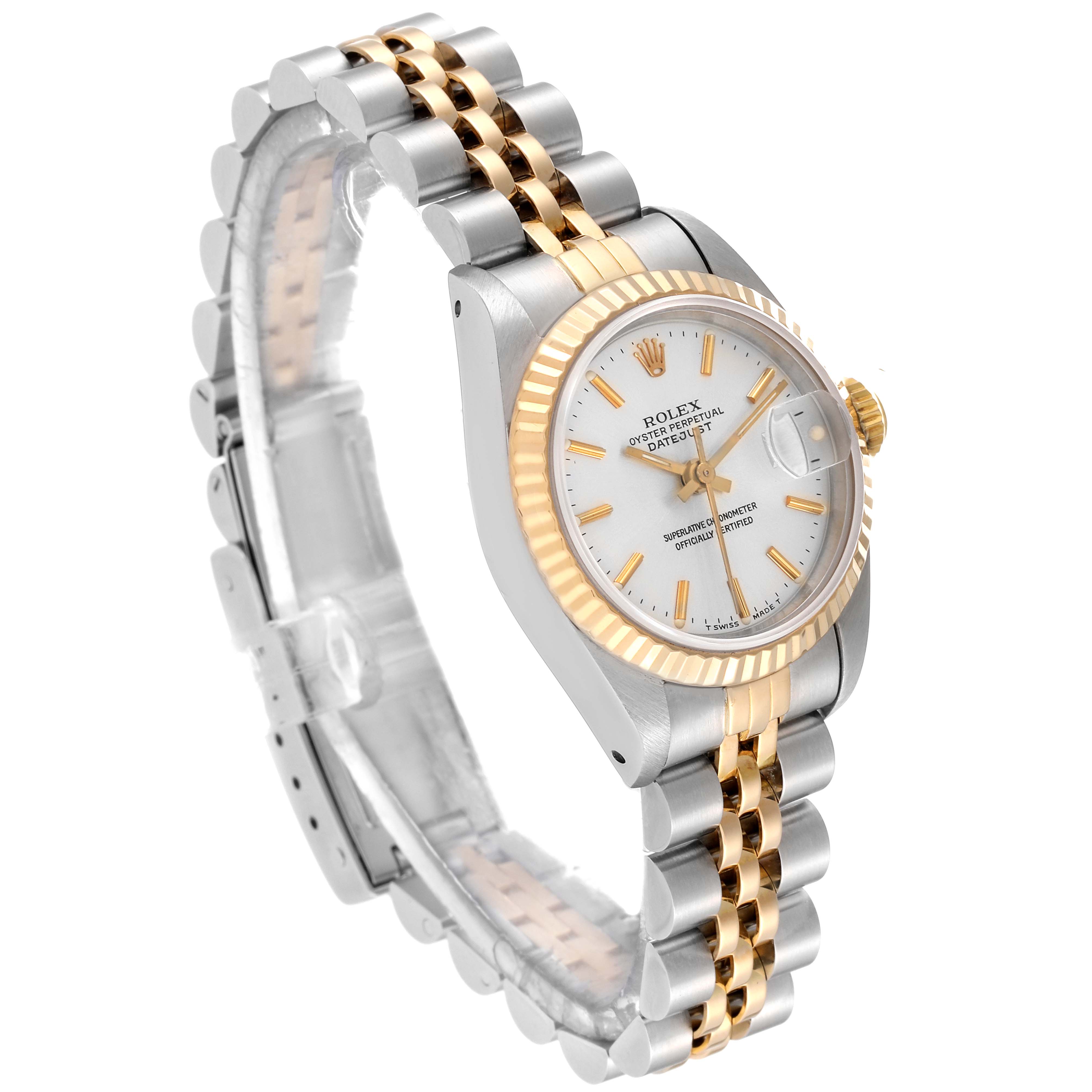 The image shows a Rolex Datejust 69173 Women's Steel and Gold (two tone) Silver Dial 69173 Women's Steel and Gold (two tone) Silver Dial watch at a tilted angle, highlighting its face, bezel, and two-tone Jubilee bracelet.