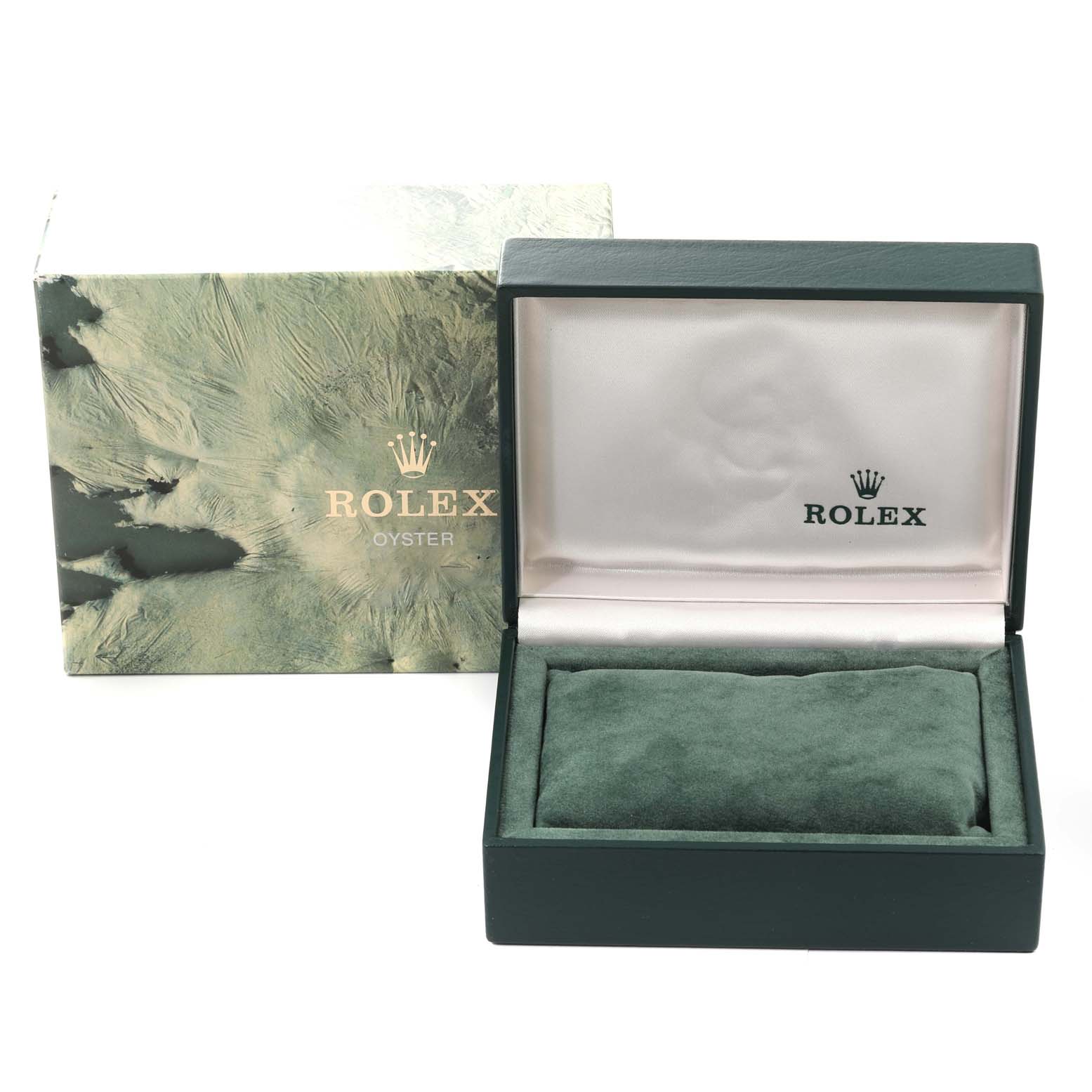 The image shows the opened green and gold box and packaging for a Rolex Datejust 69173 Women's Steel and Gold (two tone) Silver Dial 69173 Women's Steel and Gold (two tone) Silver Dial watch, without the watch inside.