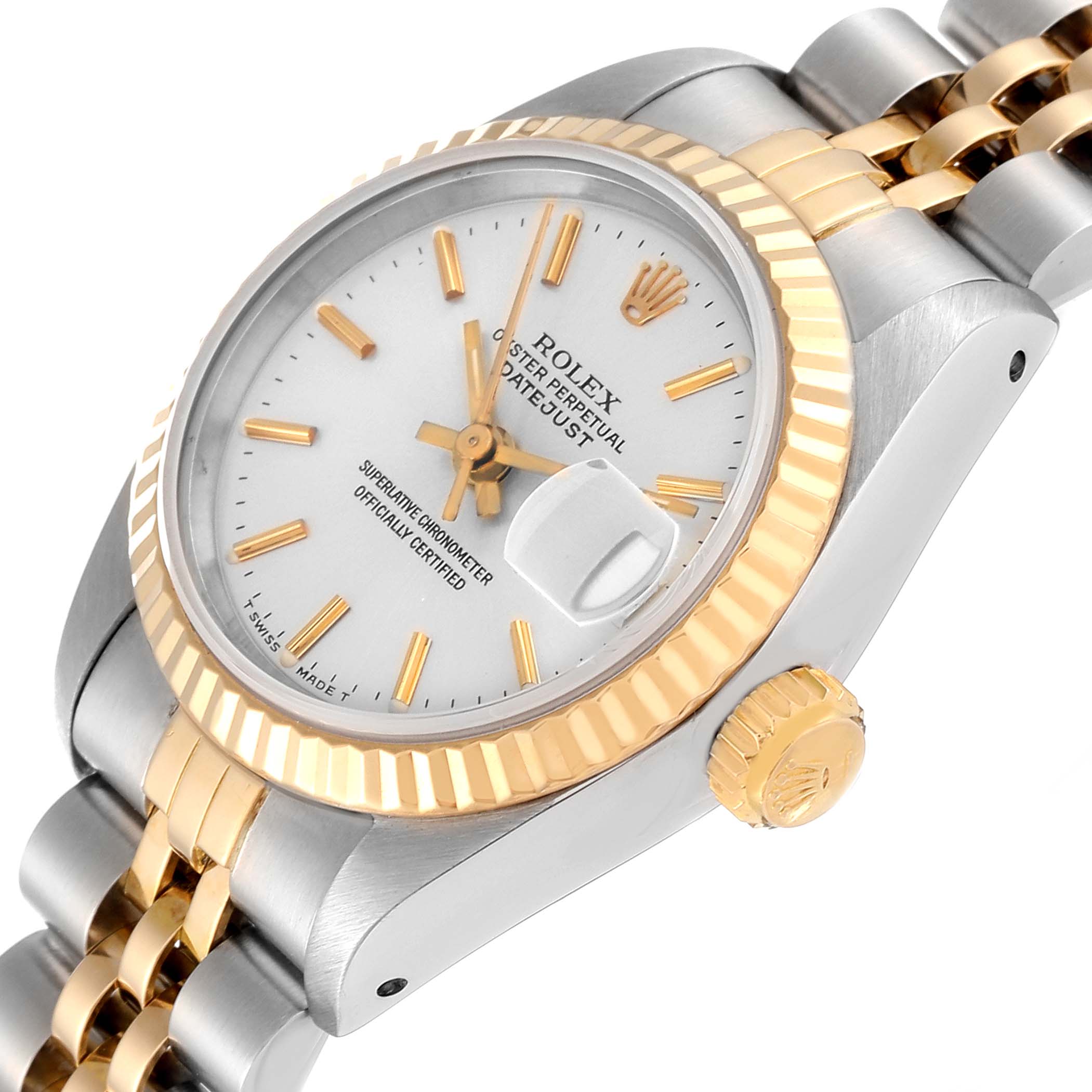 This is a close-up shot of a Rolex Datejust 69173 Women's Steel and Gold (two tone) Silver Dial 69173 Women's Steel and Gold (two tone) Silver Dial watch showing the dial, bezel, crown, and part of the bracelet at an angled view.