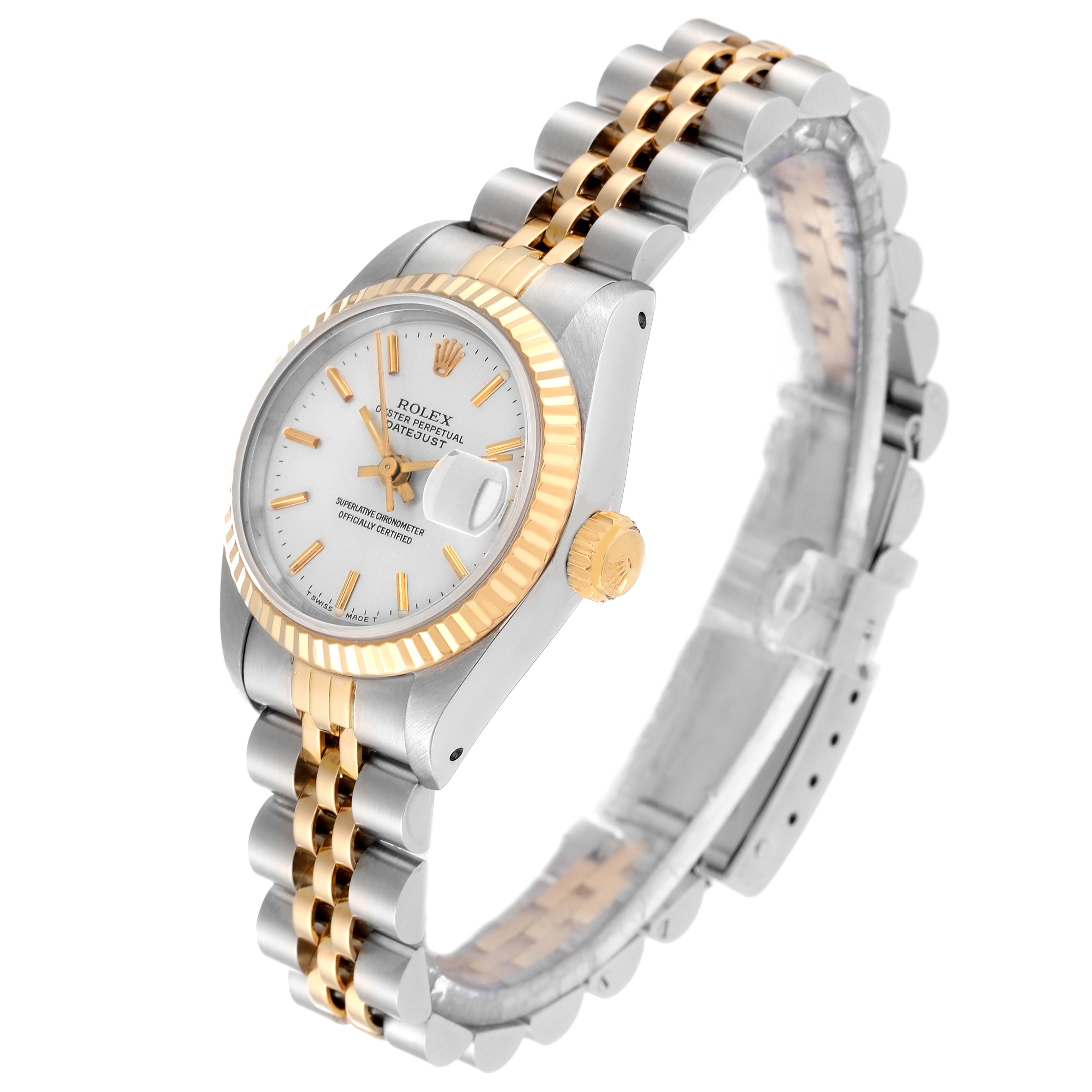 The Rolex Datejust 69173 Women's Steel and Gold (two tone) Silver Dial 69173 Women's Steel and Gold (two tone) Silver Dial watch is shown at a slight angle highlighting its white dial, fluted bezel, and two-tone Jubilee bracelet.