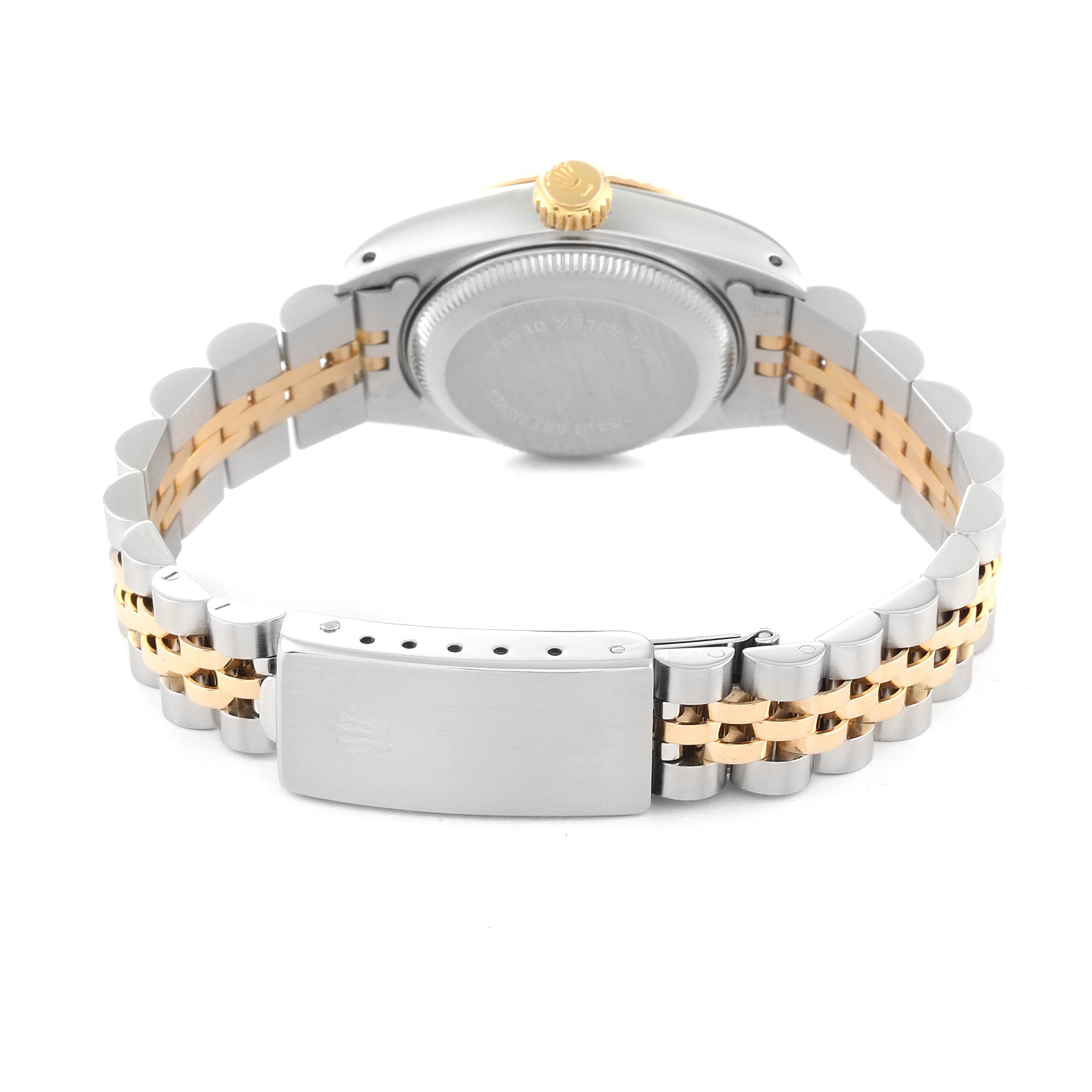 The image shows the back view of a Rolex Datejust 69173 Women's Steel and Gold (two tone) Silver Dial 69173 Women's Steel and Gold (two tone) Silver Dial watch, highlighting the clasp, bracelet, and case back.