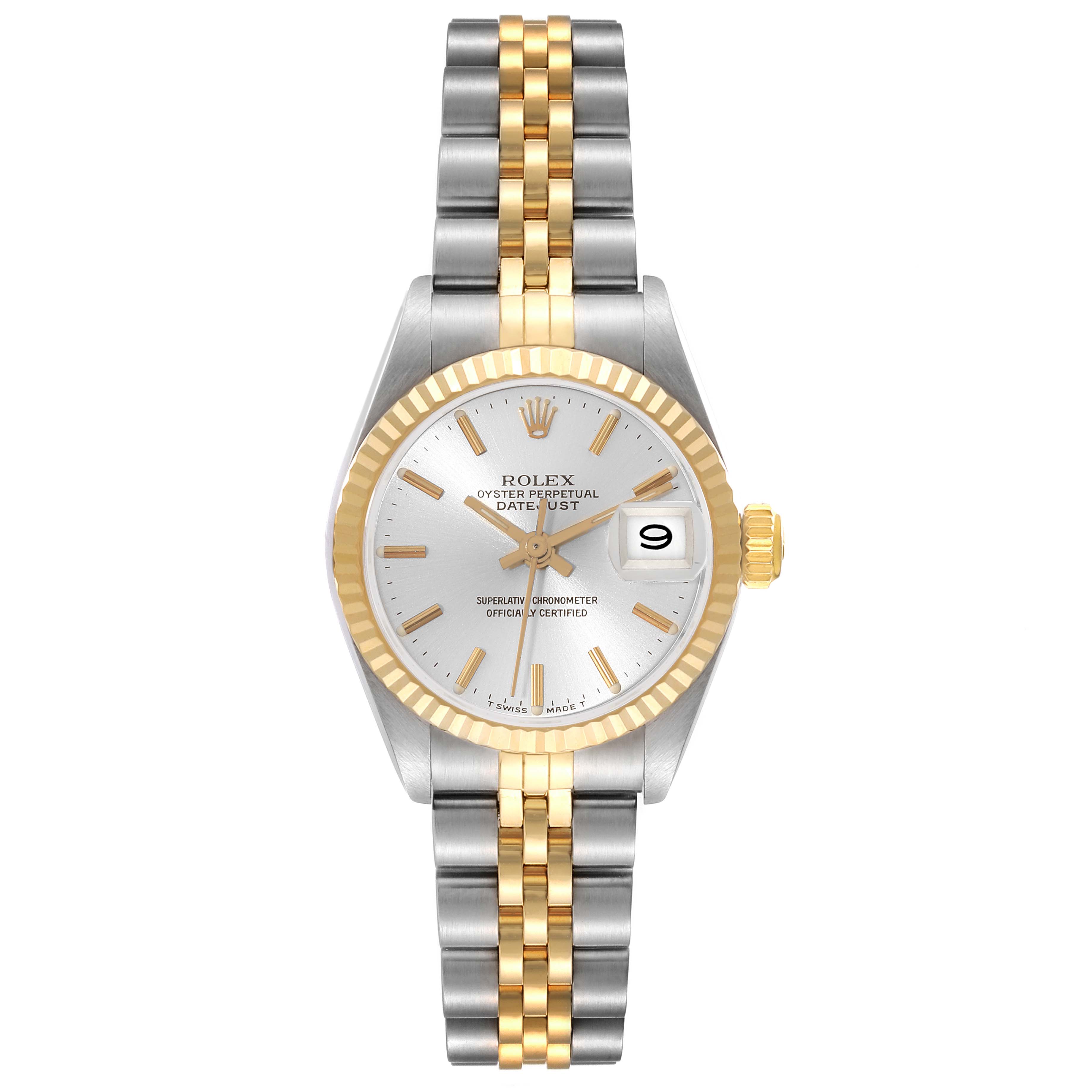 The image shows a Rolex Datejust 69173 Women's Steel and Gold (two tone) Silver Dial 69173 Women's Steel and Gold (two tone) Silver Dial watch front view, highlighting the dial, bezel, and bracelet.