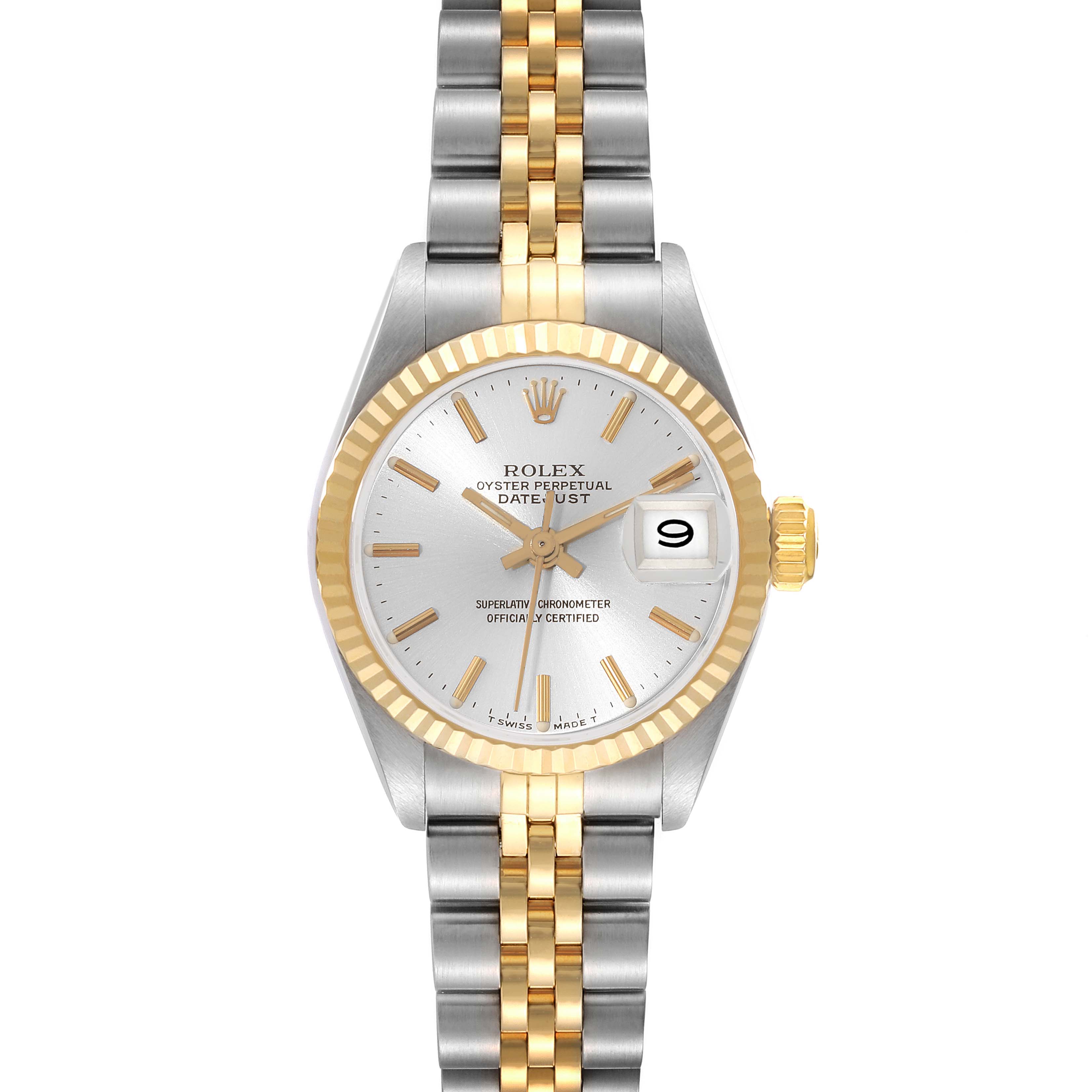 The image shows a front view of a Rolex Datejust 69173 Women's Steel and Gold (two tone) Silver Dial 69173 Women's Steel and Gold (two tone) Silver Dial model watch, highlighting its dial, bezel, and two-tone bracelet.