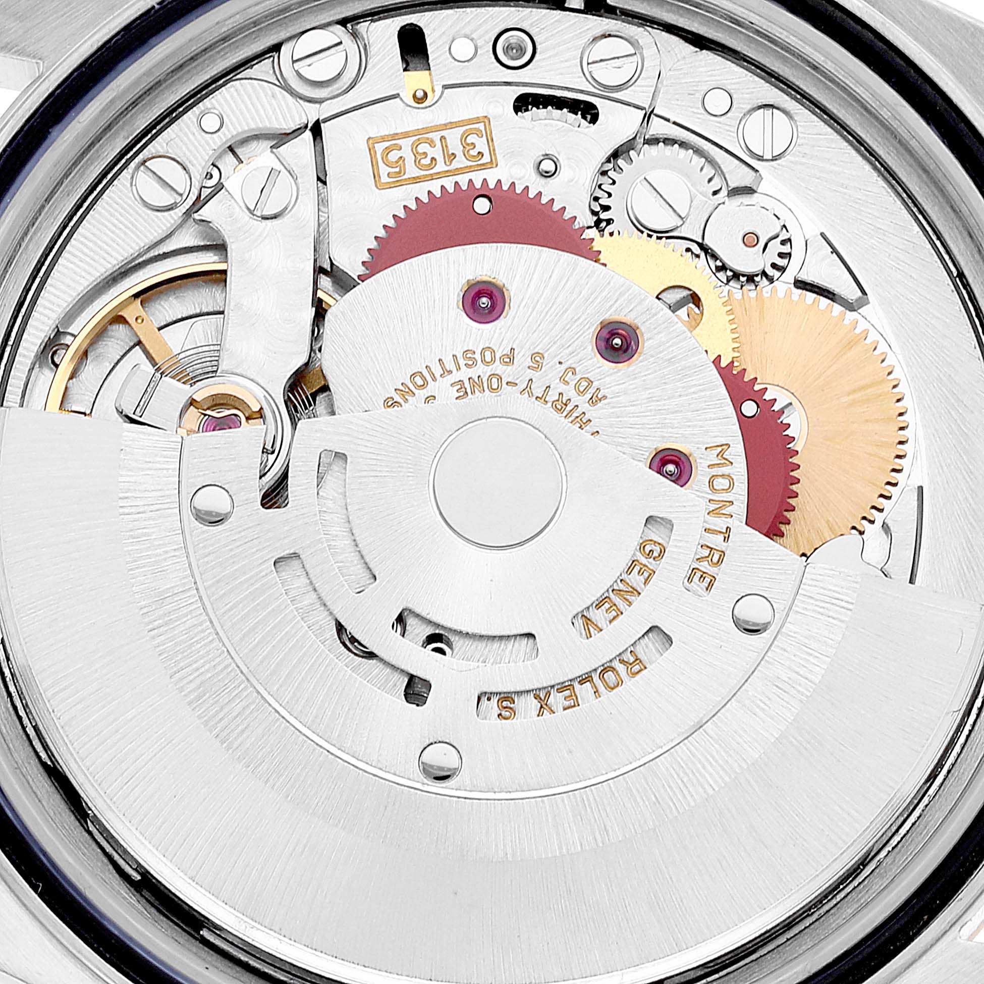 The image shows an internal view of the movement mechanism of a Rolex Datejust 16233 Men's Steel and Gold (two tone) Blue Dial 16233 Men's Steel and Gold (two tone) Blue Dial watch at a close-up angle.