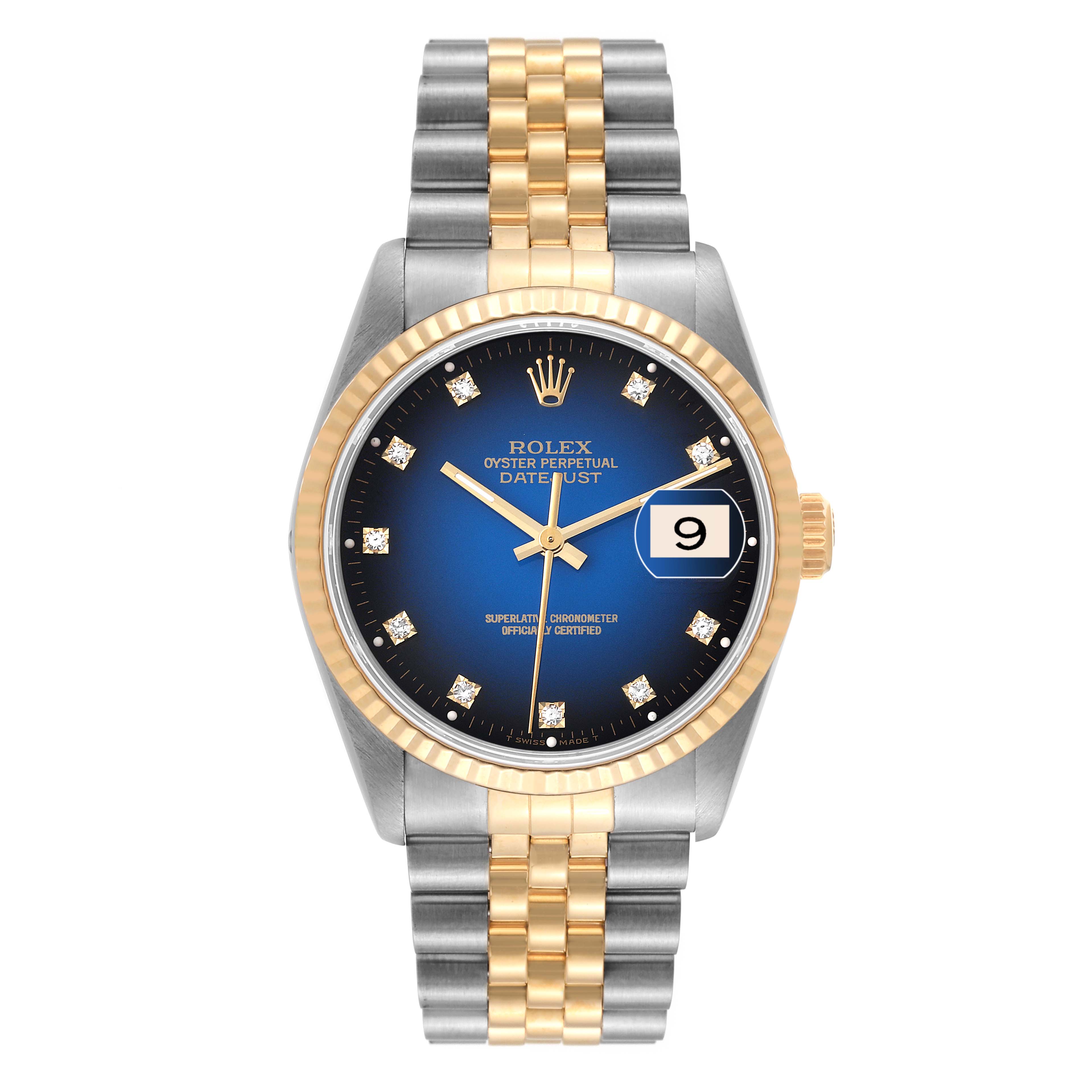 The Rolex Datejust 16233 Men's Steel and Gold (two tone) Blue Dial 16233 Men's Steel and Gold (two tone) Blue Dial watch is shown from a front angle, displaying its blue dial, two-tone band, and date feature at 3 o'clock.