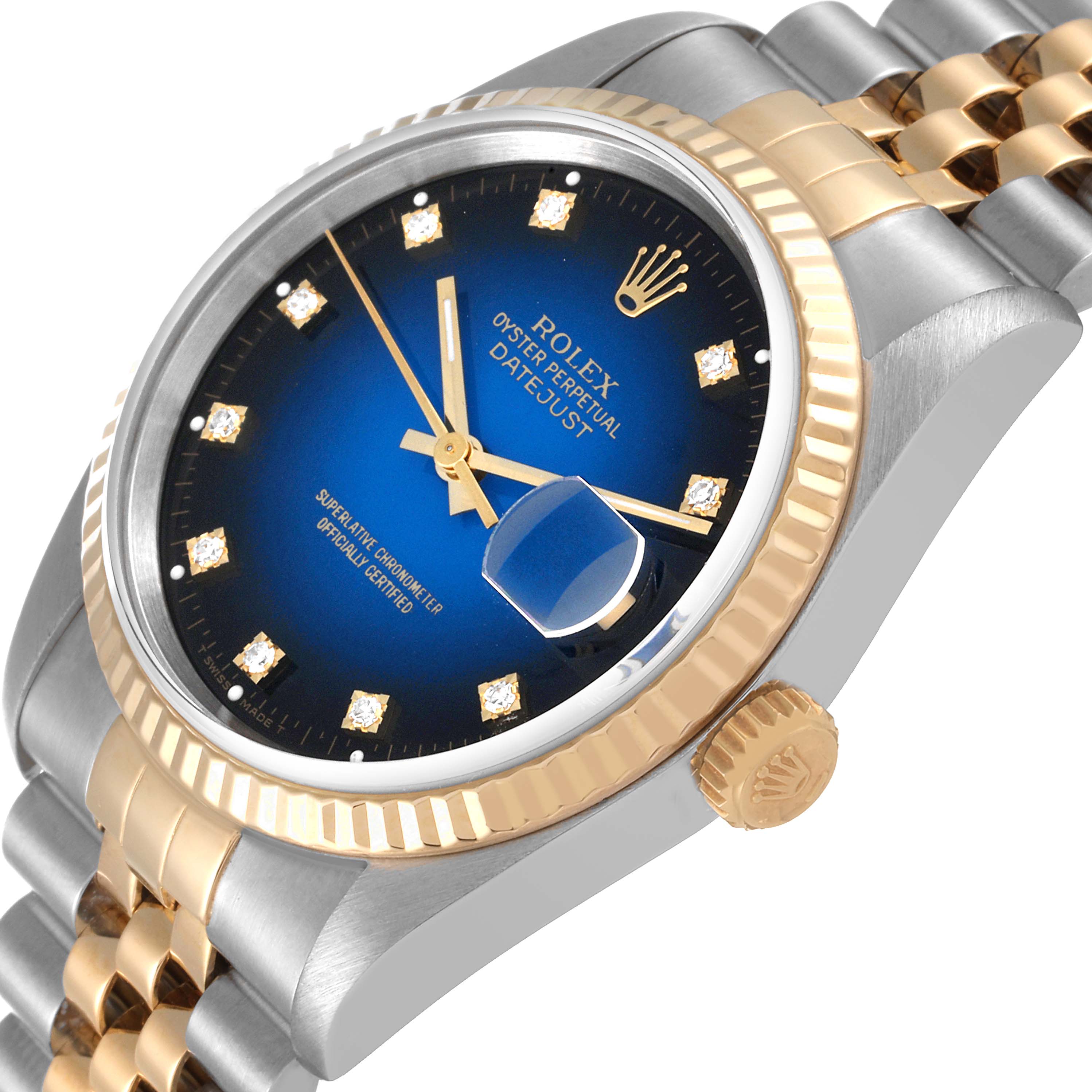 This image shows a Rolex Datejust 16233 Men's Steel and Gold (two tone) Blue Dial 16233 Men's Steel and Gold (two tone) Blue Dial watch at an angled view, highlighting the dial, crown, case, and bracelet.