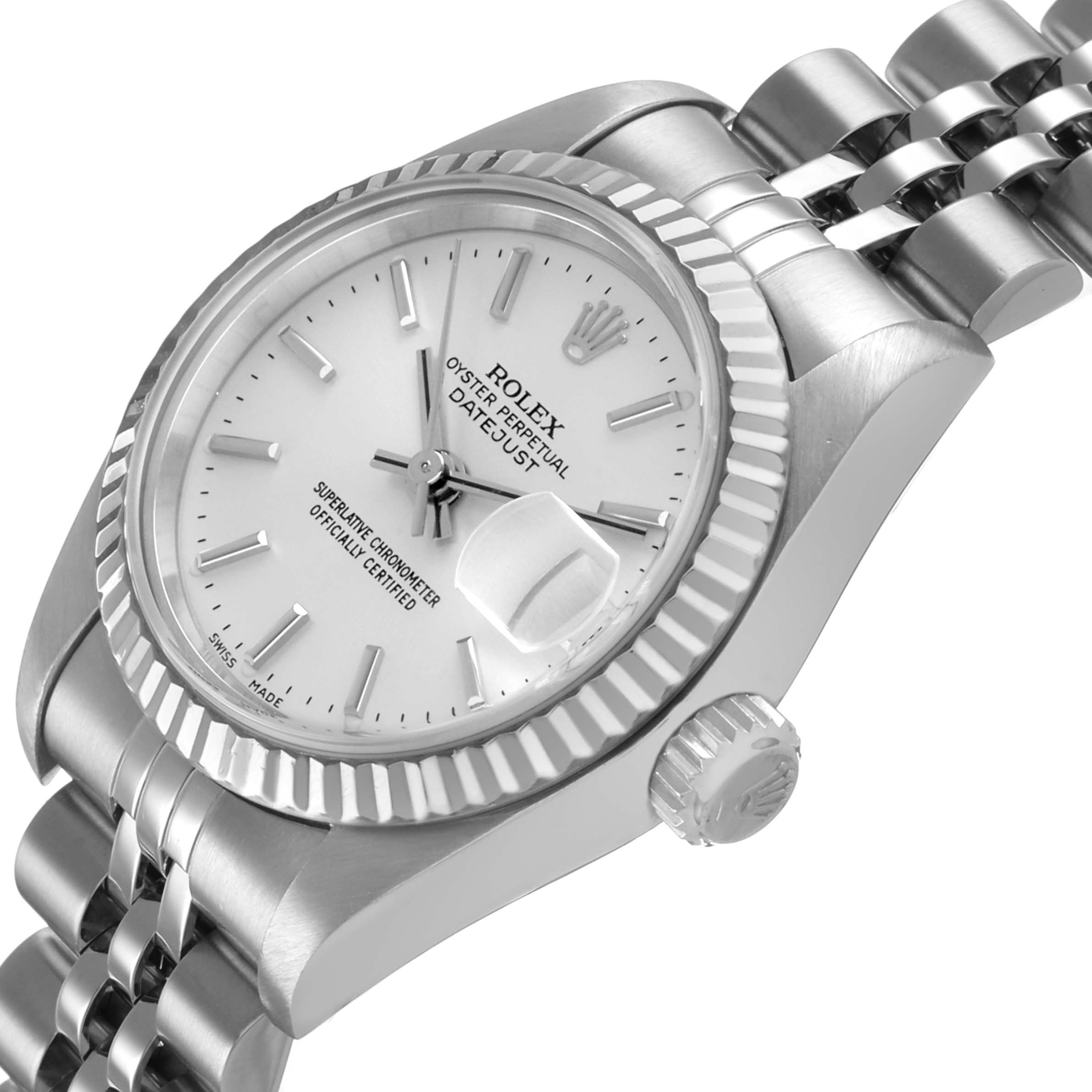 The Rolex Datejust 79174 Women's Stainless Steel Silver Dial watch is shown at an angled side view, highlighting the dial, bezel, crown, and bracelet links.