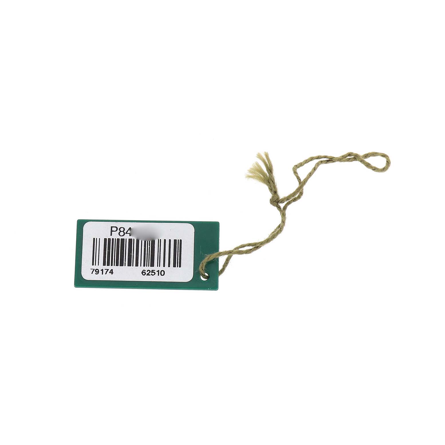 The image shows a green tag with a string, likely an accessory for the Rolex Datejust 79174 Women's Stainless Steel Silver Dial watch, displaying a barcode and numbers.