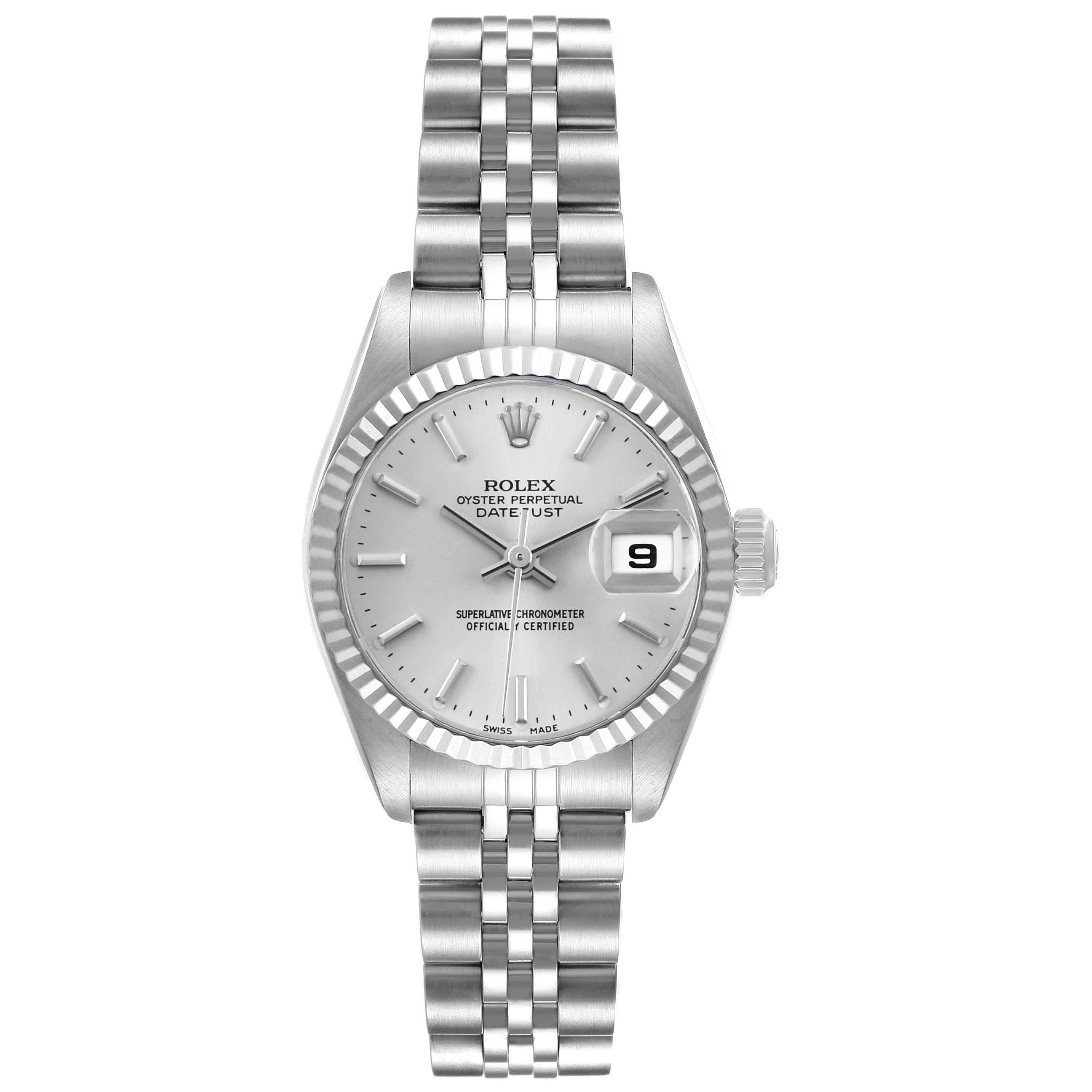 The Rolex Datejust 79174 Women's Stainless Steel Silver Dial is shown from a front angle, highlighting the dial, fluted bezel, jubilee bracelet, and date window.