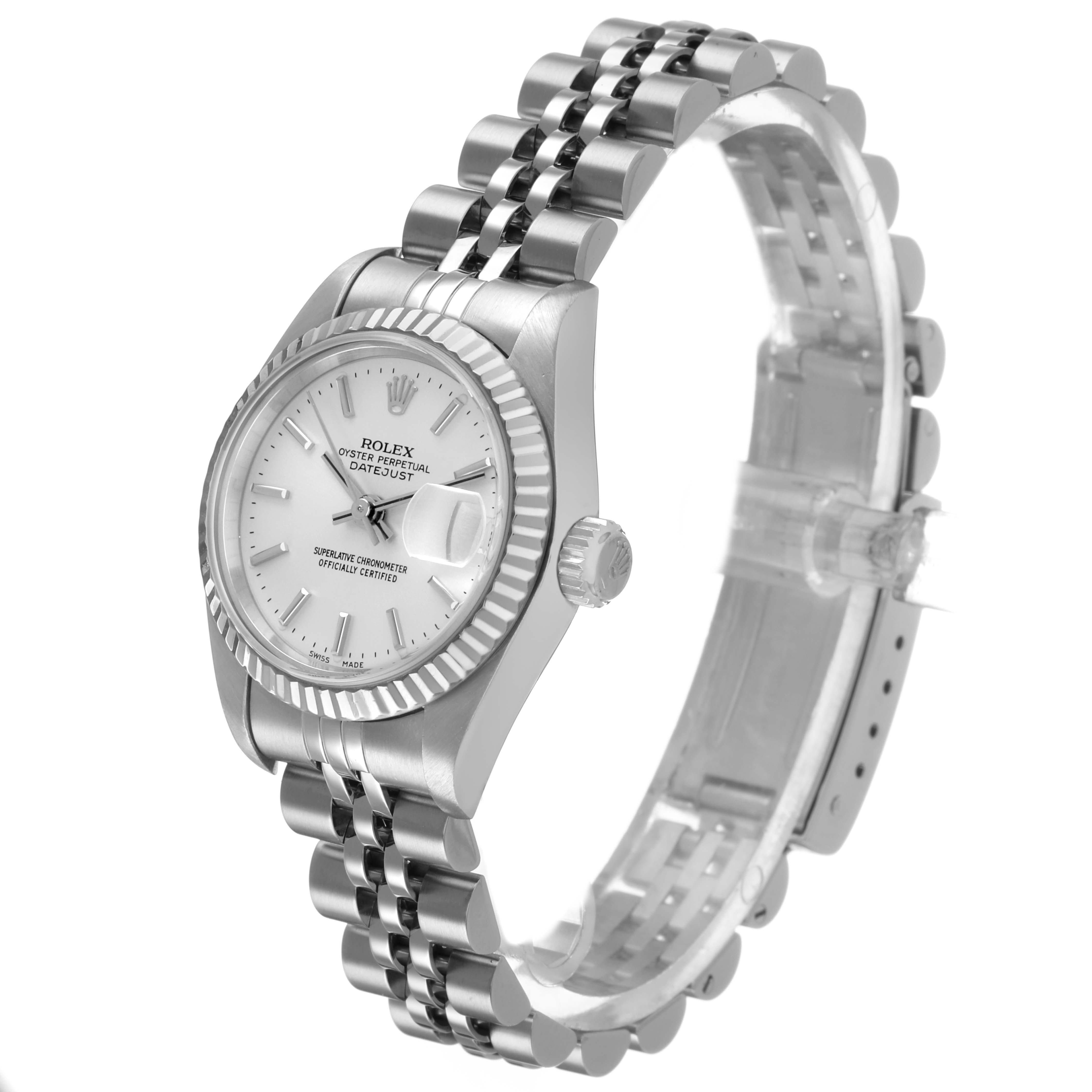 The Rolex Datejust 79174 Women's Stainless Steel Silver Dial watch is shown from a three-quarter angle, highlighting its face, bezel, crown, and bracelet.
