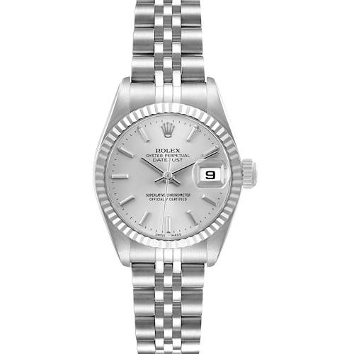 The Rolex Datejust 79174 Women's Stainless Steel Silver Dial watch is shown from the front, displaying the dial, date window, hands, bracelet, and fluted bezel.