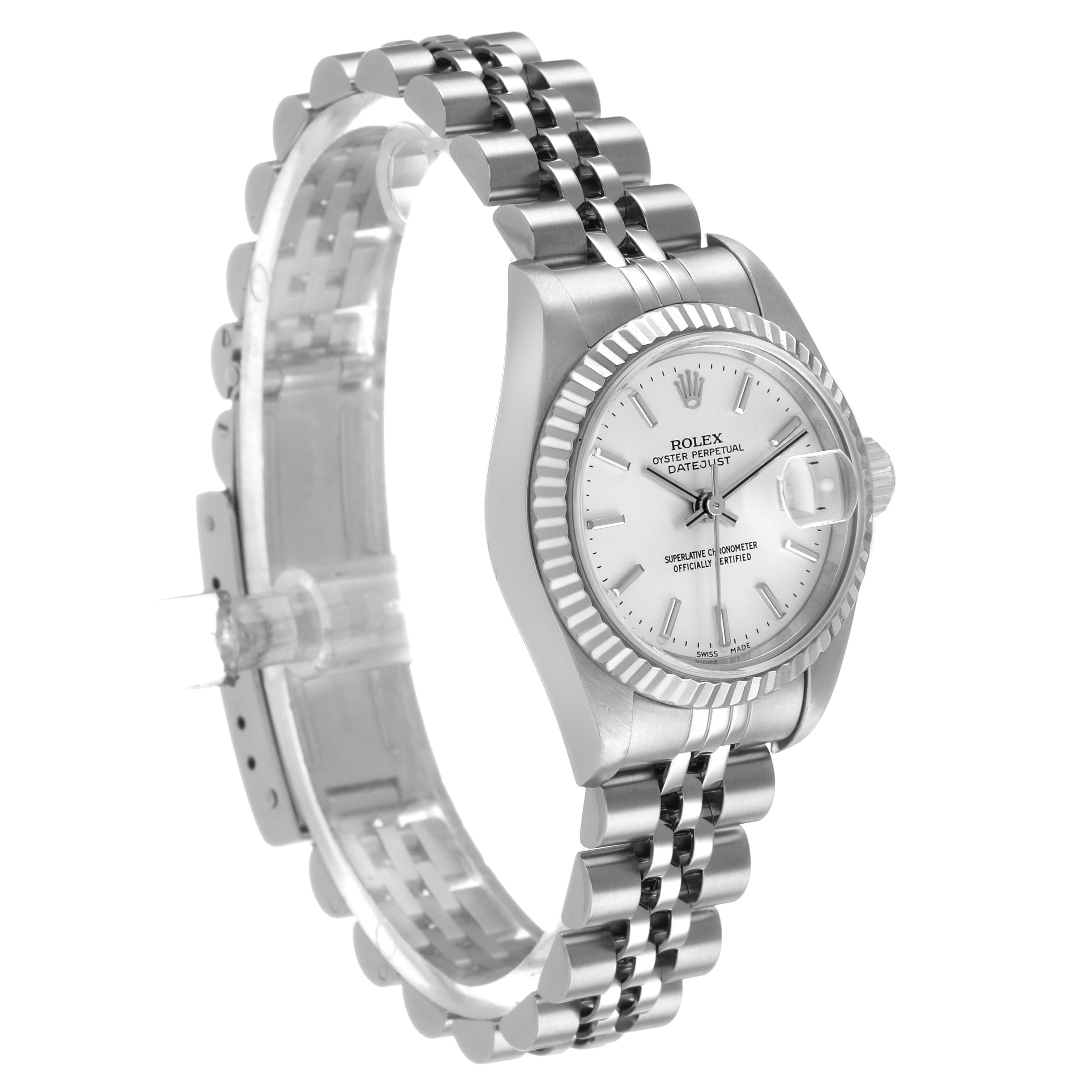 The Rolex Datejust 79174 Women's Stainless Steel Silver Dial is shown at a three-quarter angle, highlighting the watch face and bracelet.