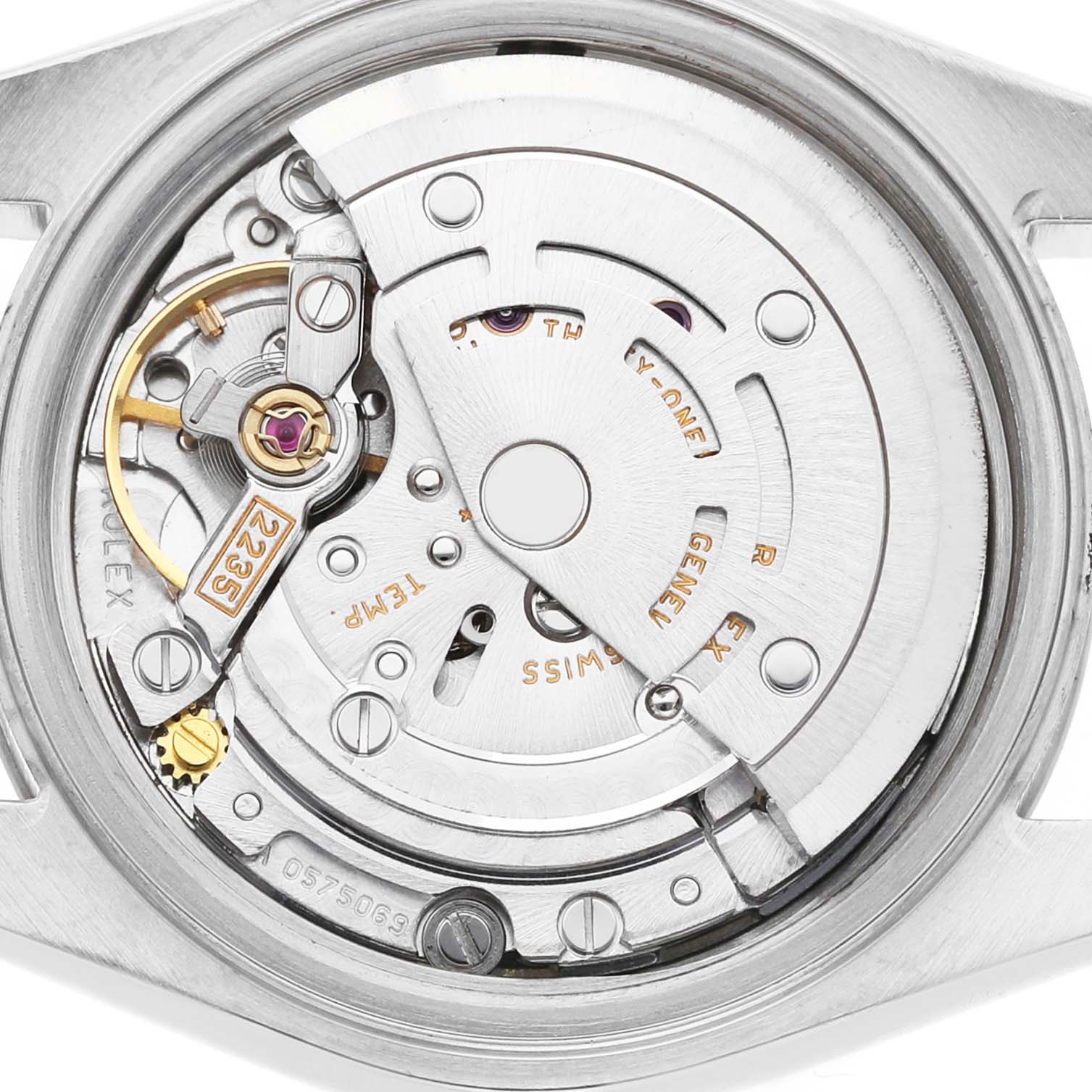 The image shows the movement of a Rolex Datejust 79174 Women's Stainless Steel Silver Dial watch from a top-down view, highlighting its intricate internal mechanics.