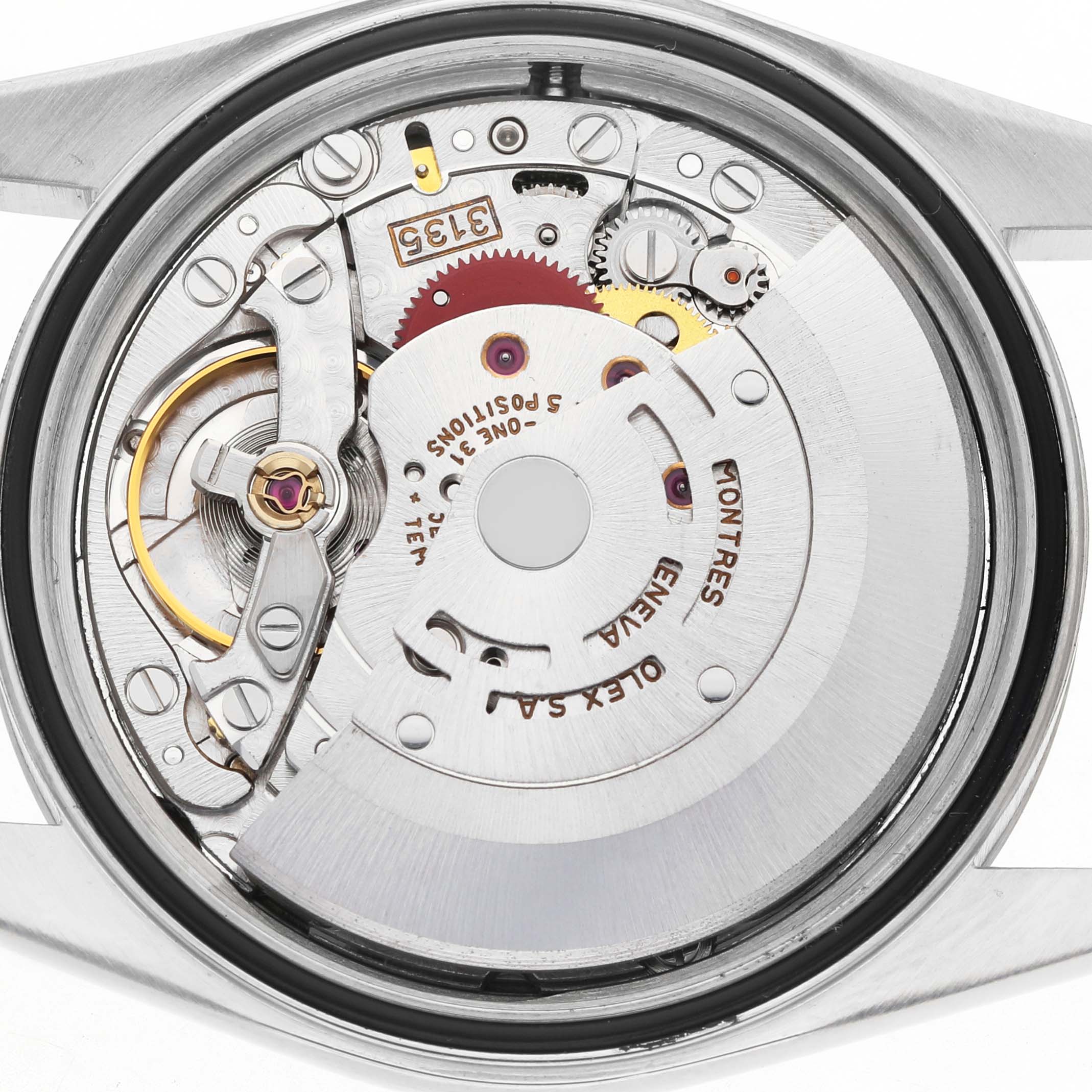 The image shows the internal movement mechanism of a Rolex Datejust 16234 Men's Stainless Steel Silver Dial watch from a back angle.