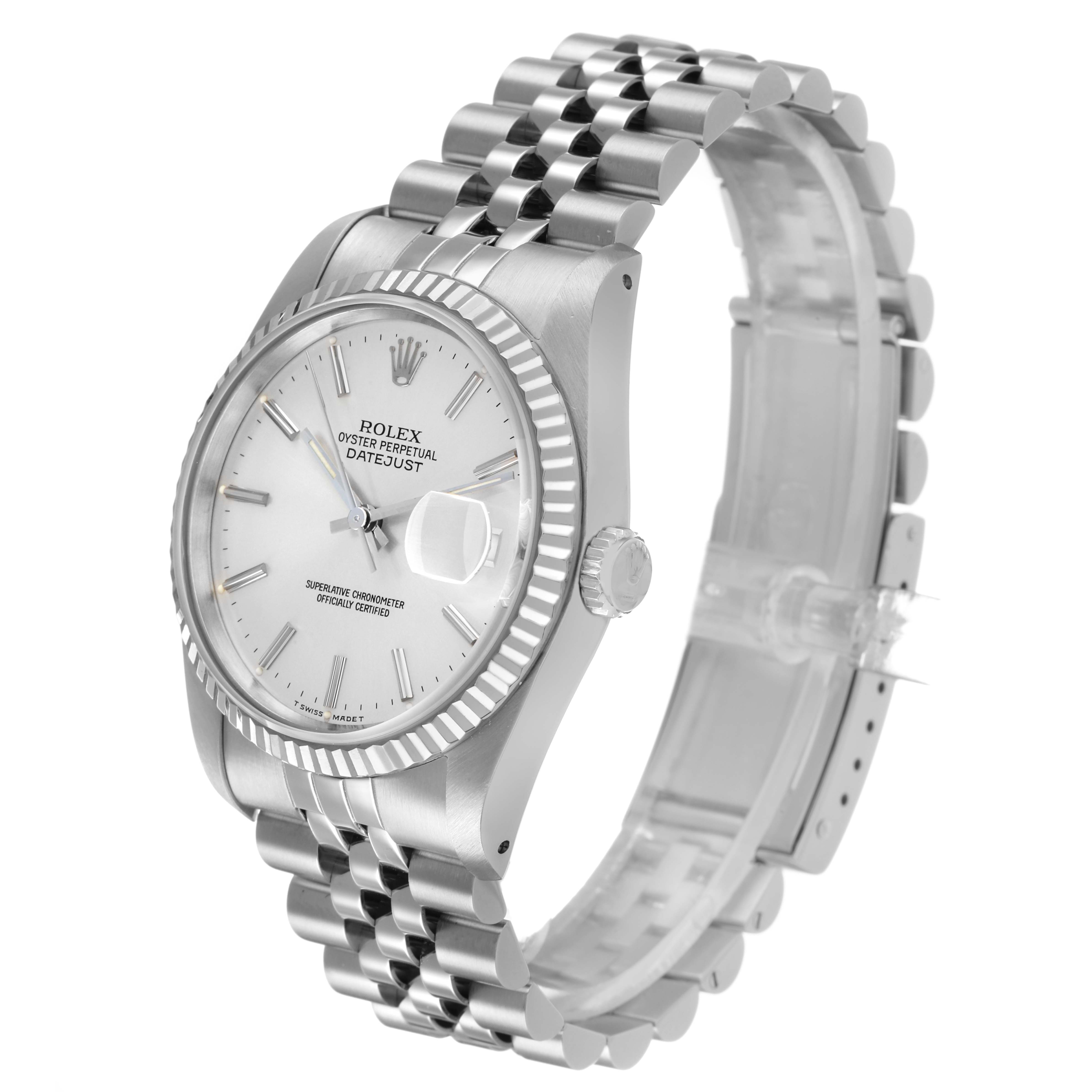 The Rolex Datejust 16234 Men's Stainless Steel Silver Dial watch is shown at a three-quarter angle, highlighting the dial, bezel, crown, and bracelet.