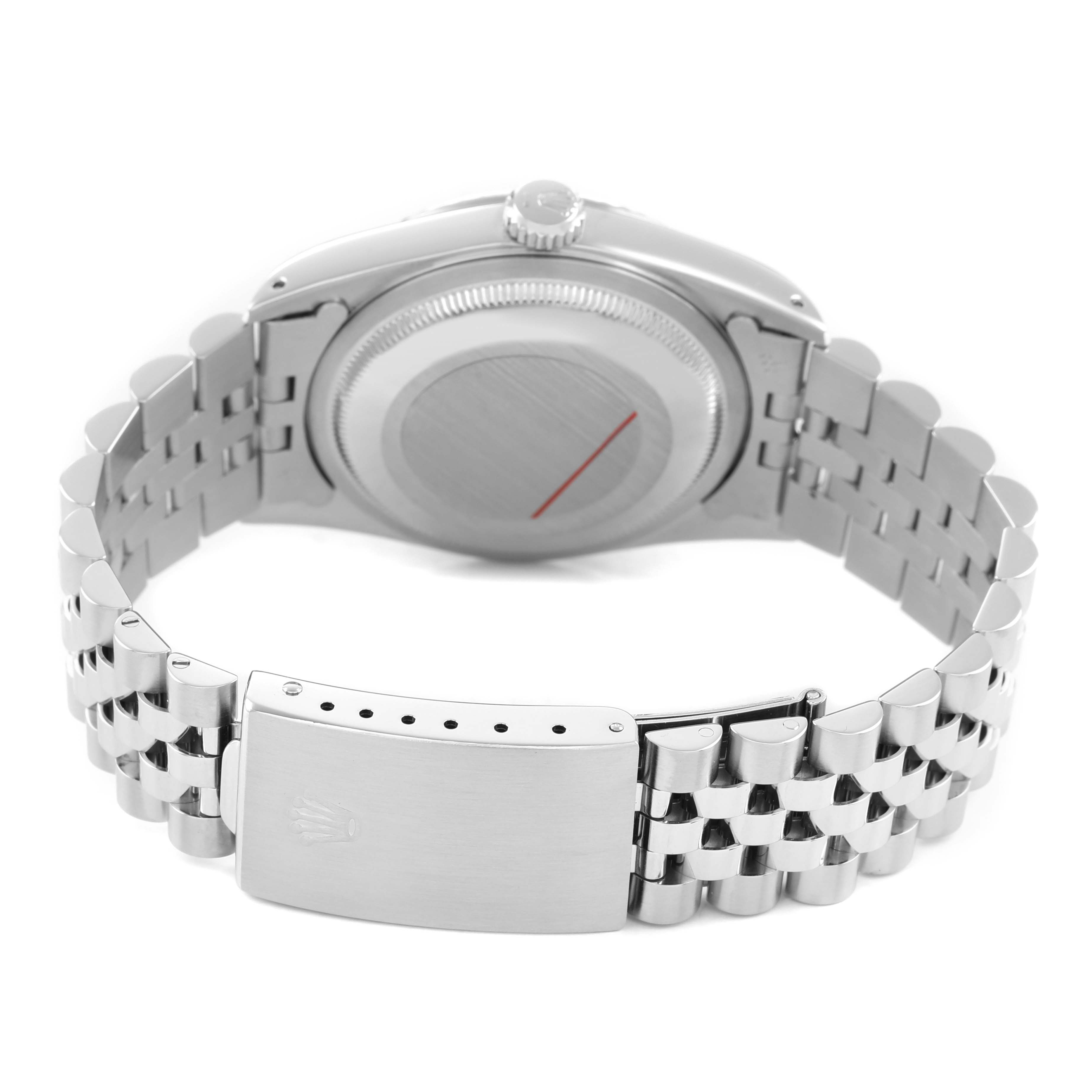 The image shows the back of the Rolex Datejust 16234 Men's Stainless Steel Silver Dial watch, highlighting the case back and bracelet clasp.