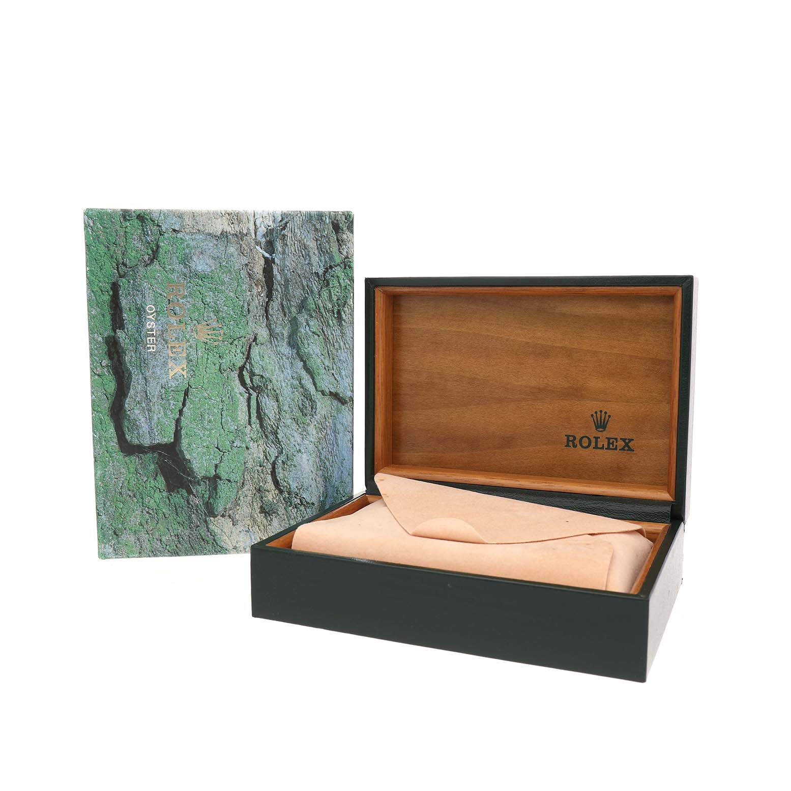 The image shows an open Rolex Datejust 16234 Men's Stainless Steel Silver Dial box with a green outer cover and a wooden interior, viewed from the front angle.