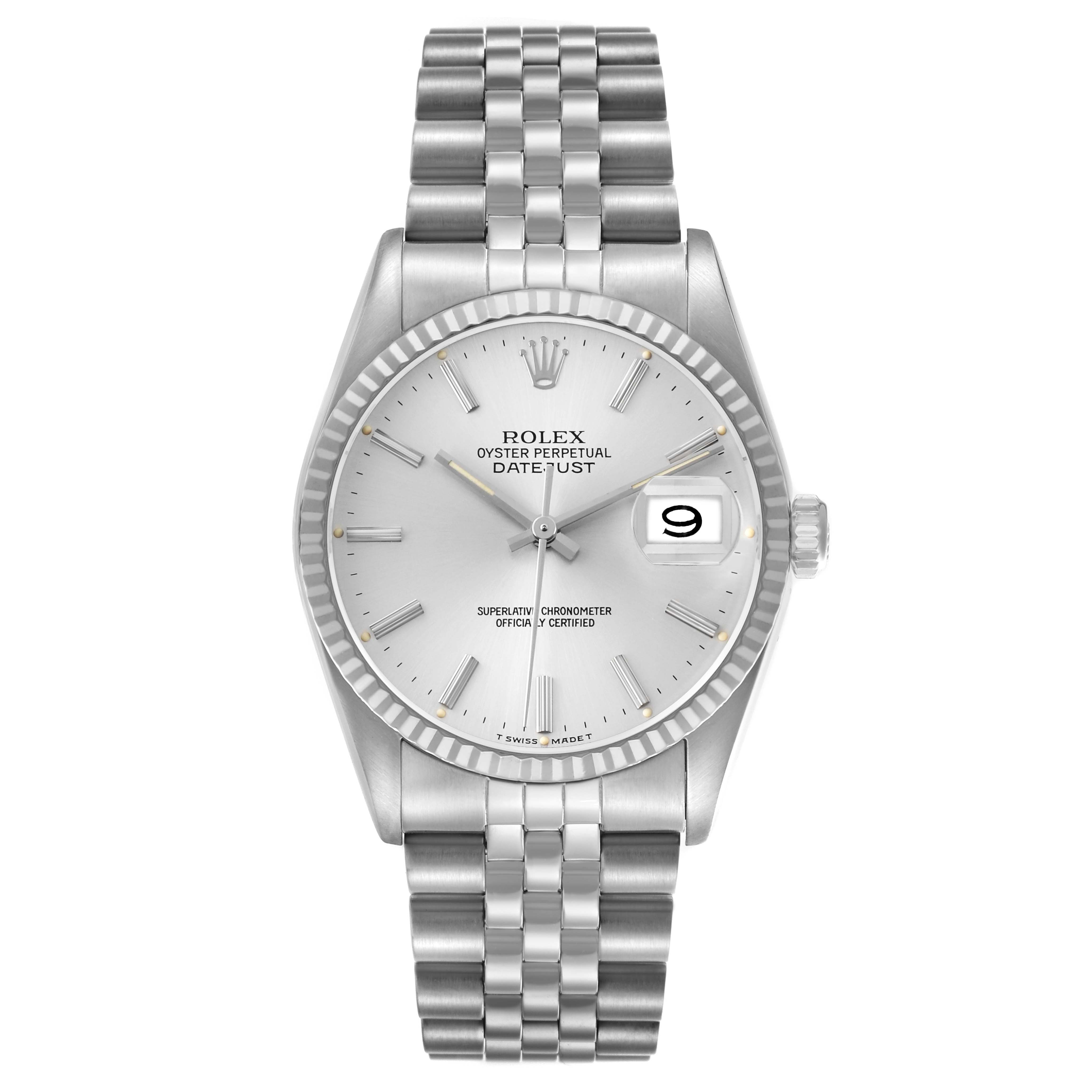 The Rolex Datejust 16234 Men's Stainless Steel Silver Dial watch is shown from a front angle, displaying the dial, hands, bezel, and bracelet.