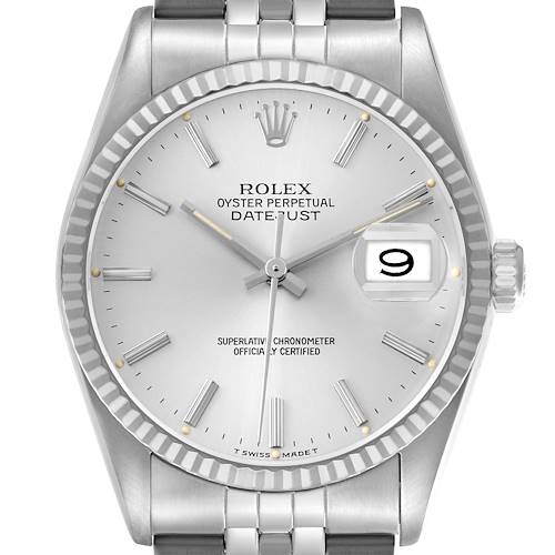 The image shows a frontal view of the Rolex Datejust 16234 Men's Stainless Steel Silver Dial's dial, bezel, crown, and part of the bracelet.