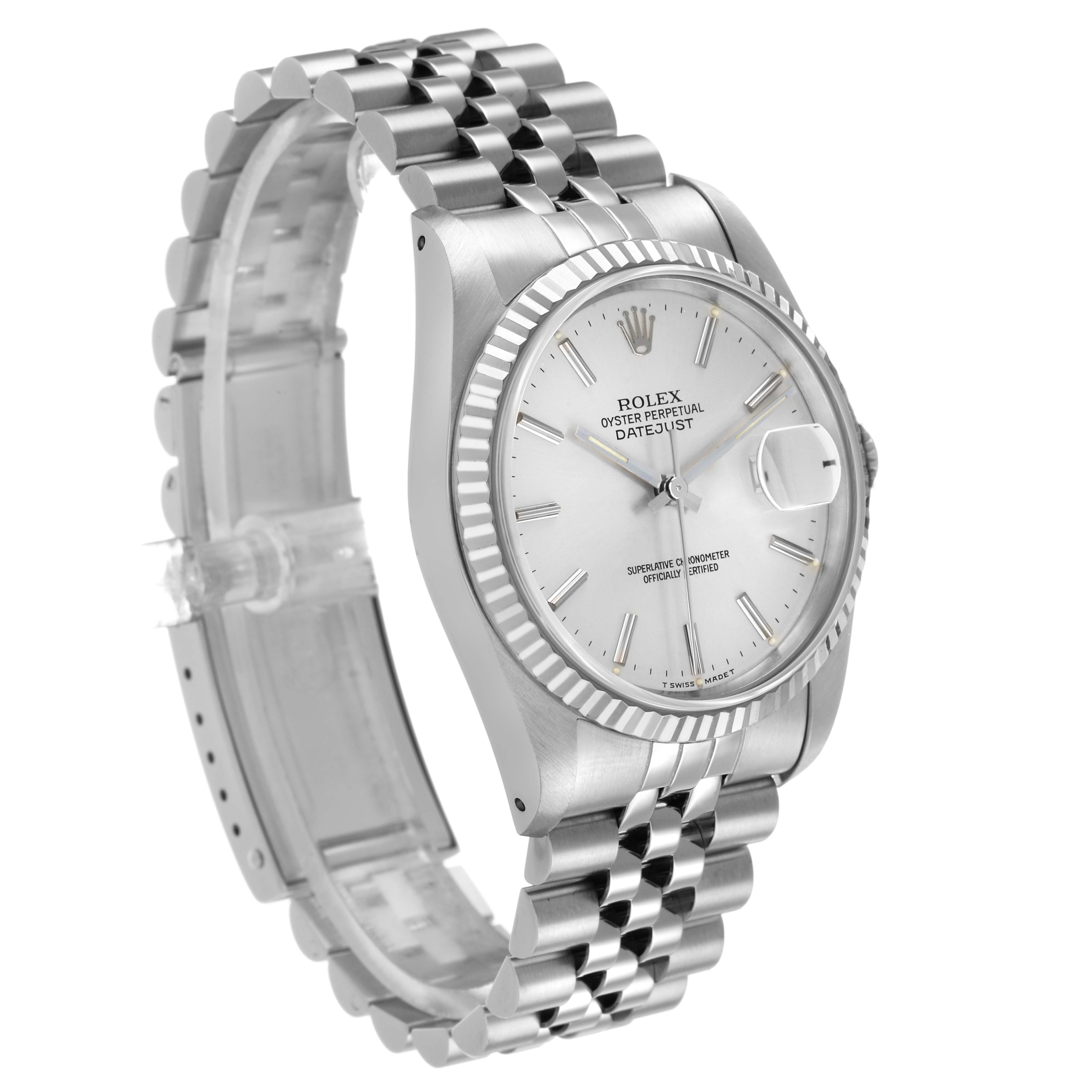 The Rolex Datejust 16234 Men's Stainless Steel Silver Dial is shown at a slight angle, highlighting the fluted bezel, dial, Jubilee bracelet, and partially open clasp.