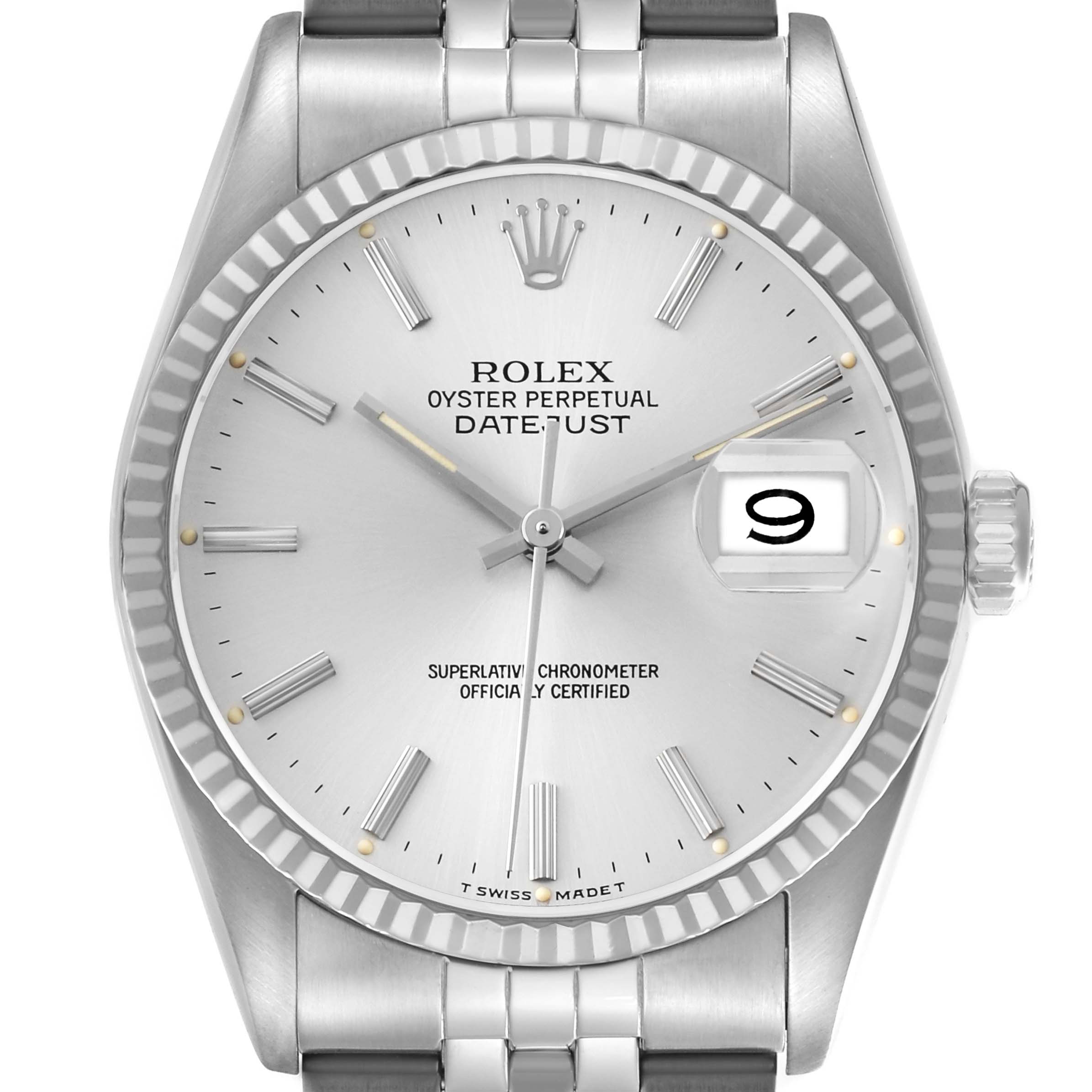 The Rolex Datejust 16234 Men's Stainless Steel Silver Dial watch is shown from the front, highlighting its dial, fluted bezel, and Oyster bracelet.