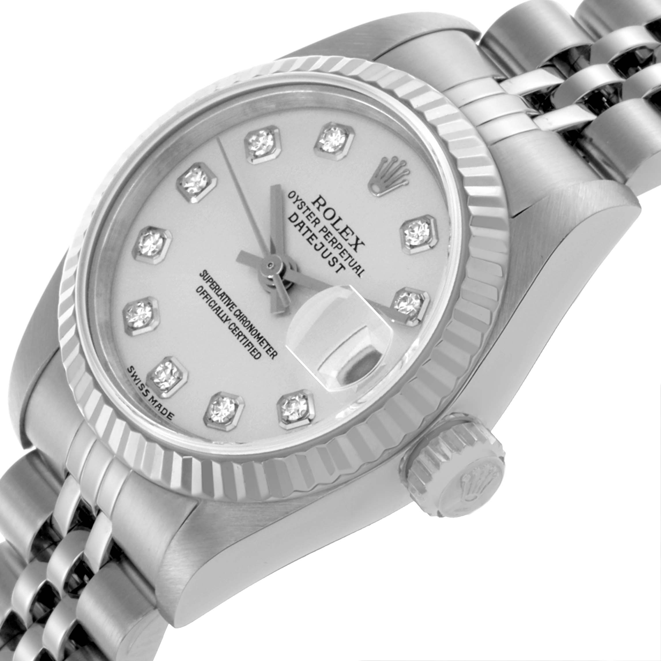 The Rolex Datejust 79174 Women's Stainless Steel Silver Dial 79174 Women's Stainless Steel Silver Dial watch is shown from a three-quarter angle, highlighting the dial, bezel, crown, and part of the bracelet.
