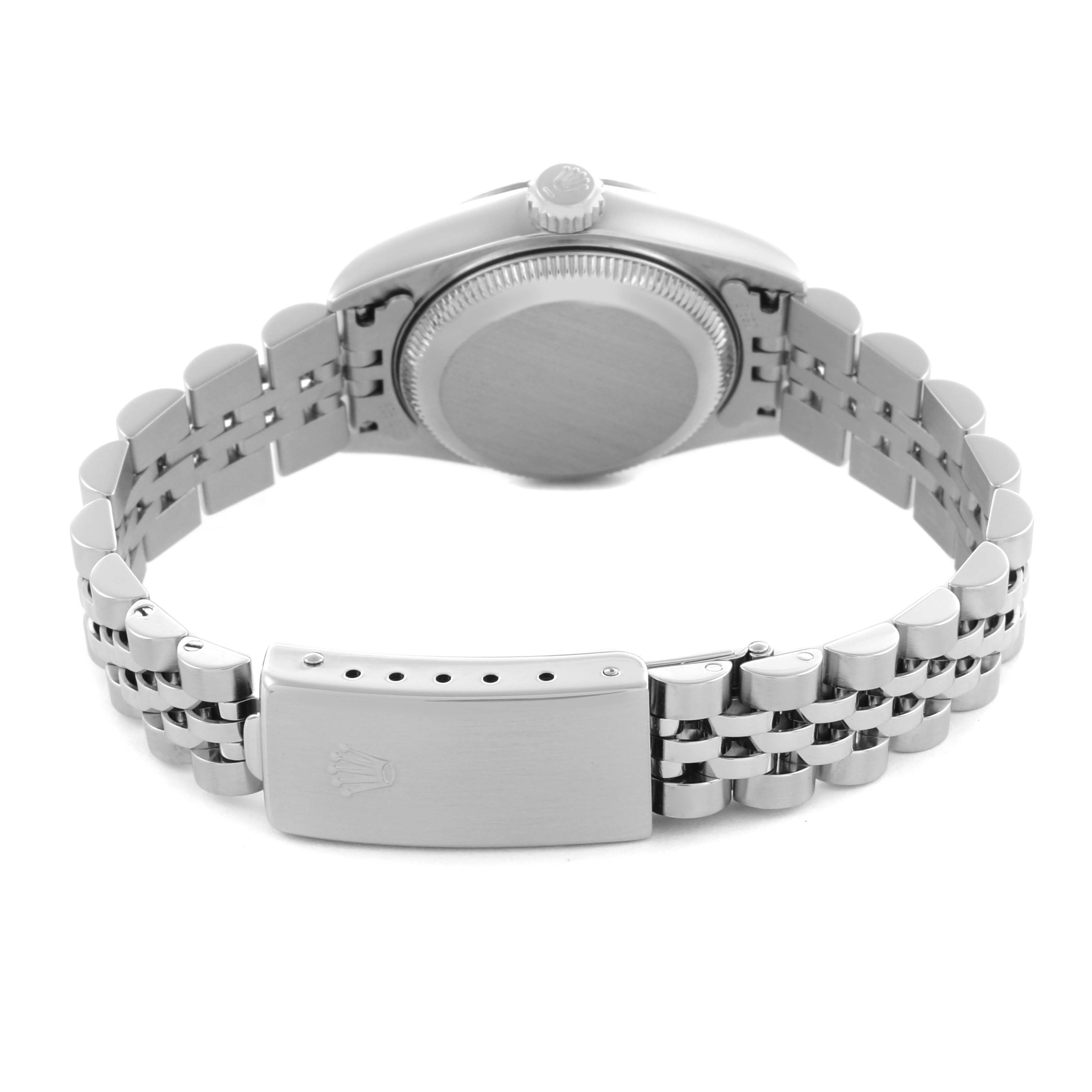 The image shows the back view of a Rolex Datejust 79174 Women's Stainless Steel Silver Dial 79174 Women's Stainless Steel Silver Dial watch, highlighting the case back, crown, and Jubilee bracelet with clasp.