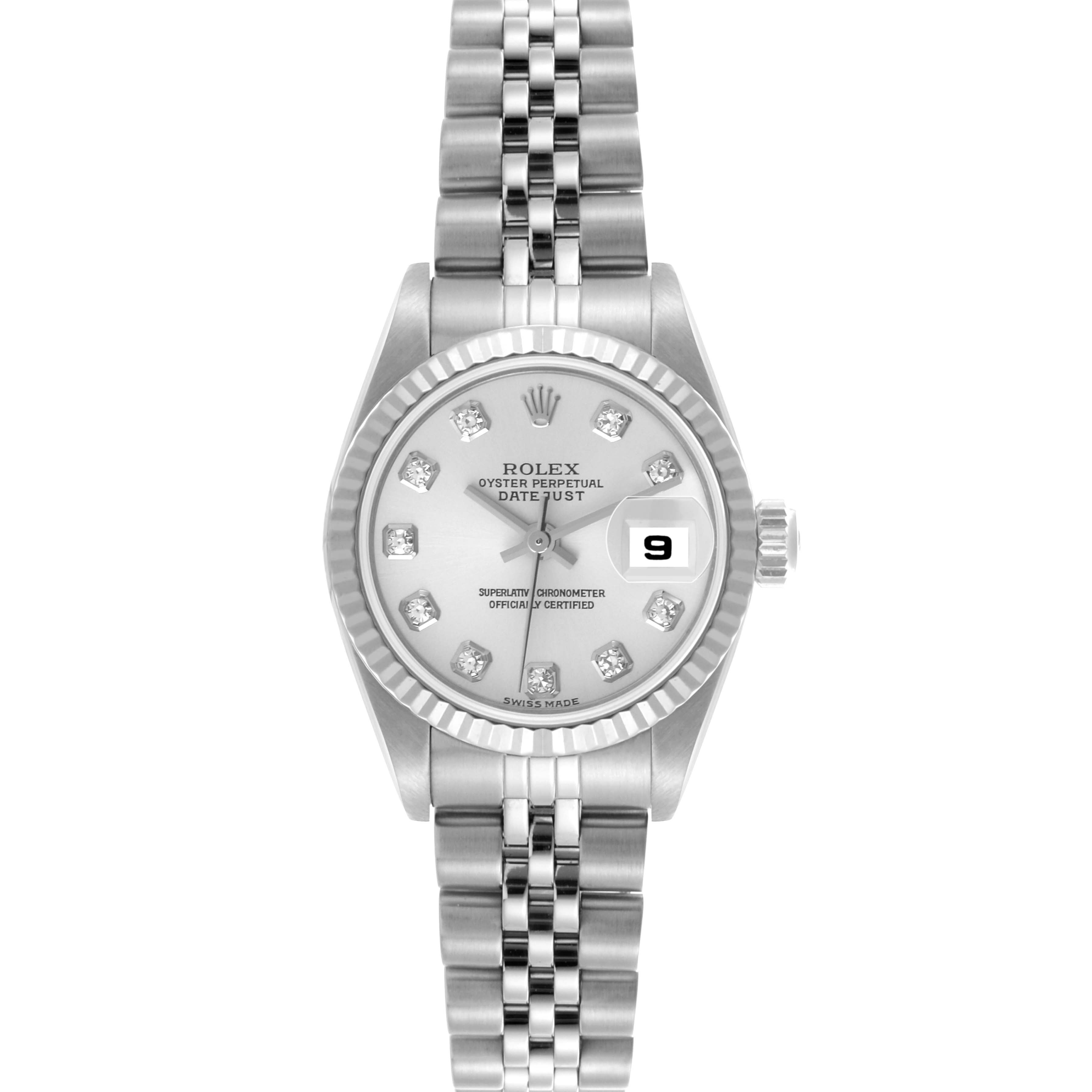 The Rolex Datejust 79174 Women's Stainless Steel Silver Dial 79174 Women's Stainless Steel Silver Dial watch is shown from the front, displaying the dial, fluted bezel, bracelet, and date window.