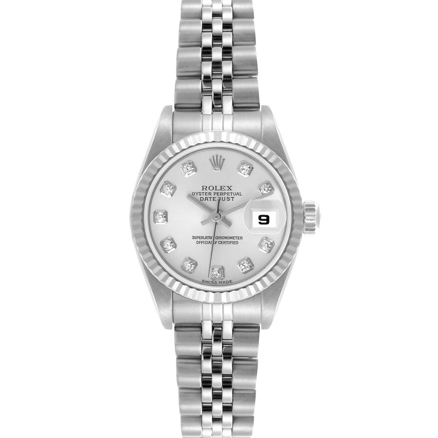 The Rolex Datejust watch is shown from the front, displaying the dial, fluted bezel, bracelet, and date window.