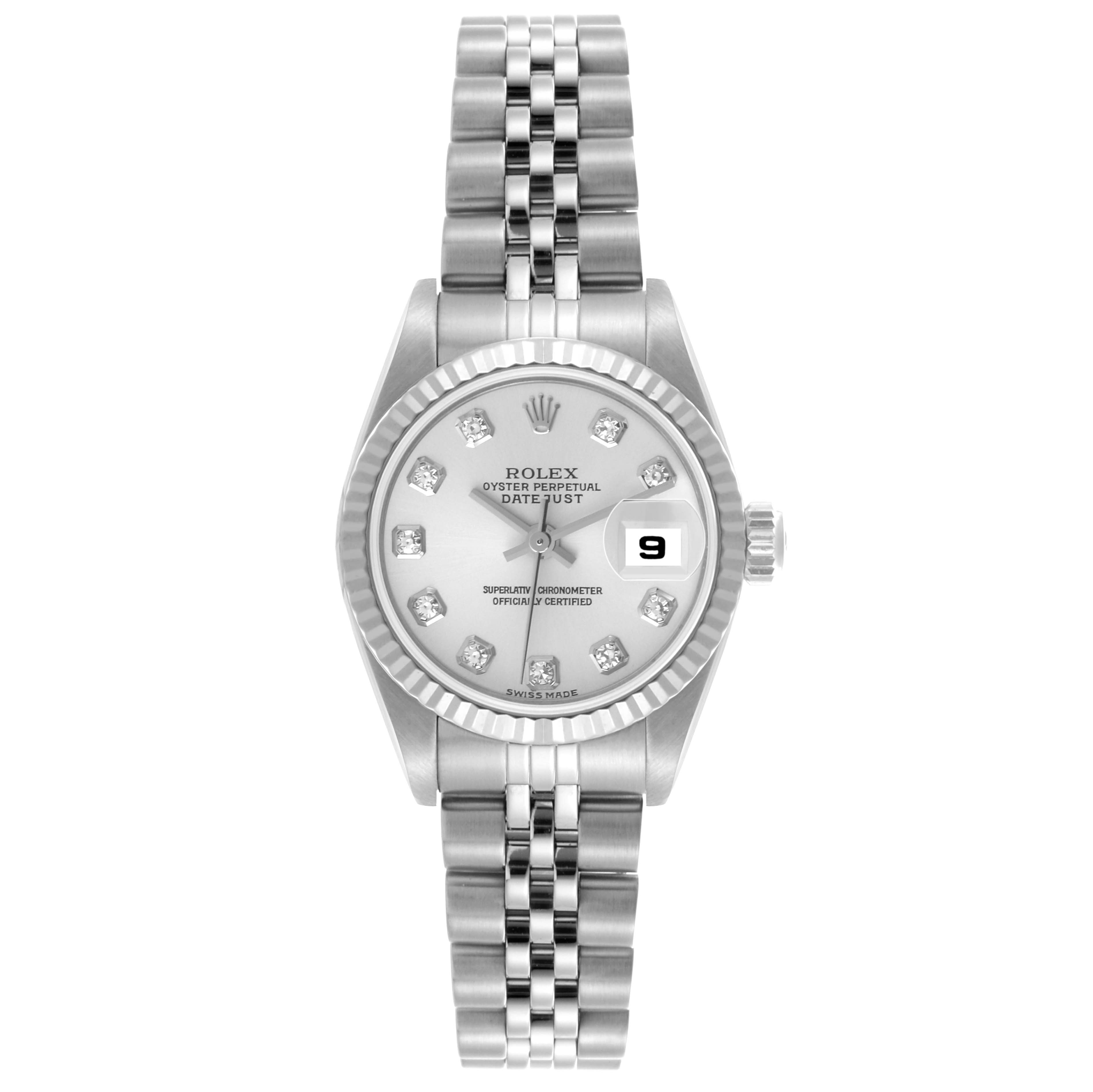 The Rolex Datejust 79174 Women's Stainless Steel Silver Dial 79174 Women's Stainless Steel Silver Dial watch is shown from a front angle, displaying the bracelet, bezel, dial, and date window.