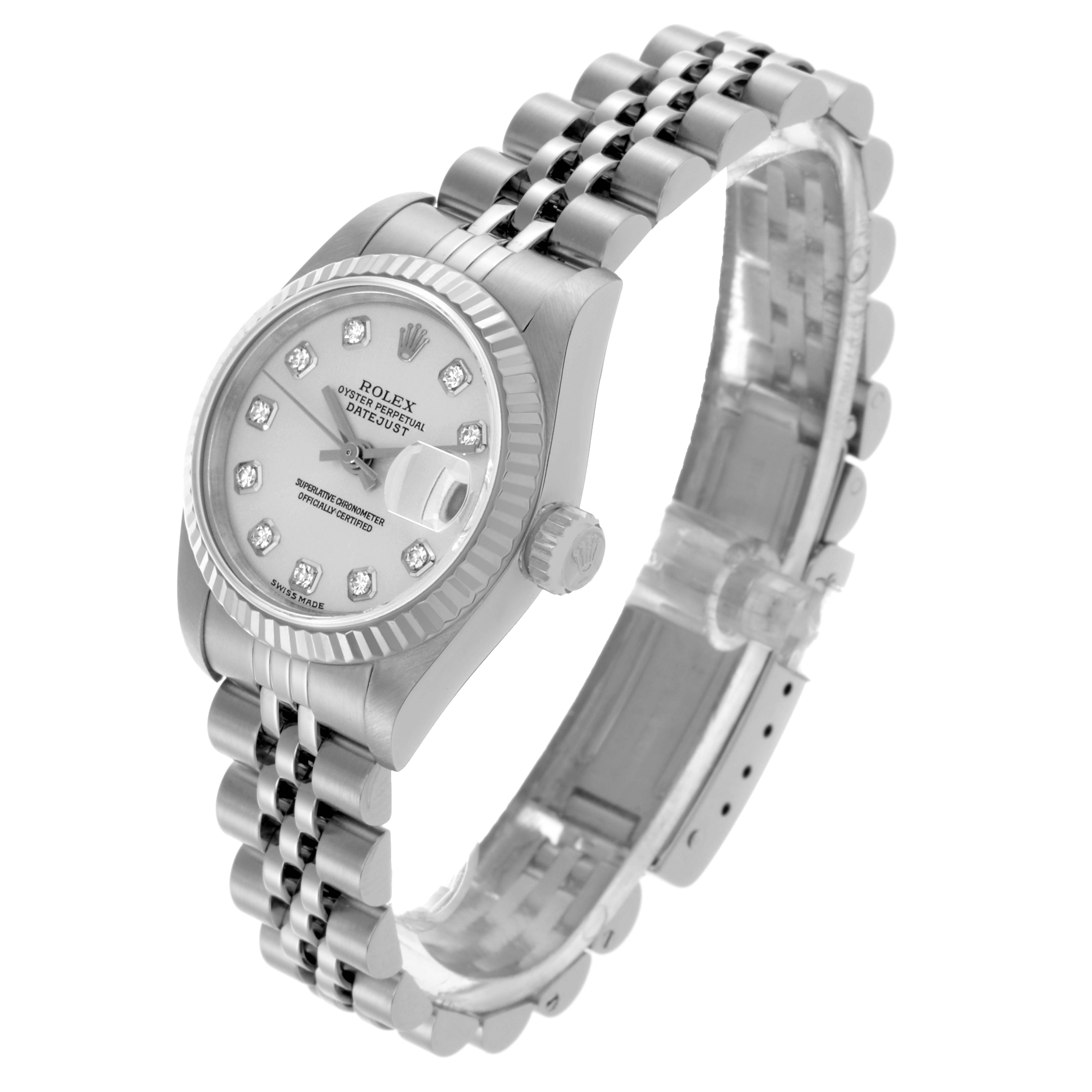The Rolex Datejust 79174 Women's Stainless Steel Silver Dial 79174 Women's Stainless Steel Silver Dial watch is shown at an angle highlighting the dial, bezel, crown, and jubilee bracelet.